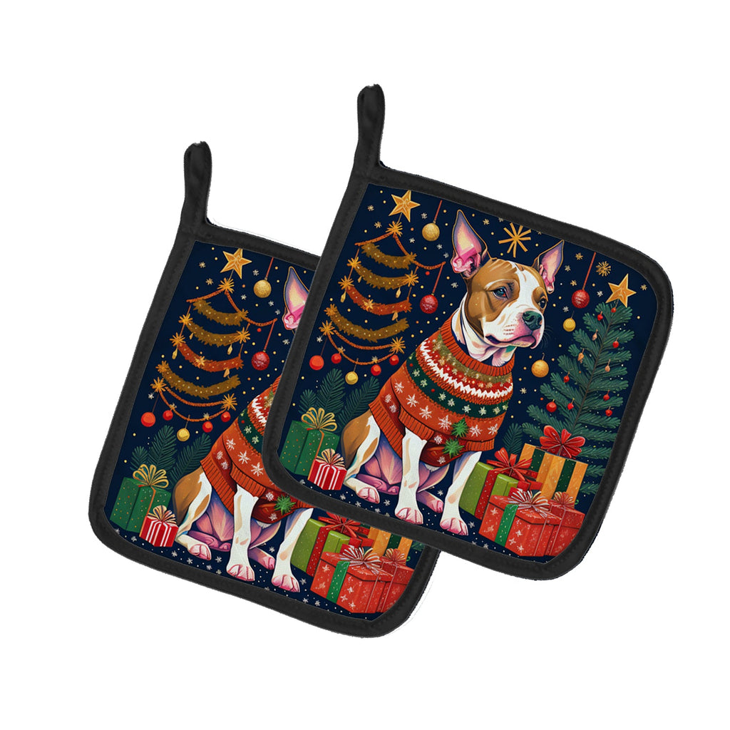 Pit Bull Terrier Christmas Pot Holder Set of 2 Heat Resistant Quilted Hot Pads 7.5 x 7.5 Inch, Insulated Kitchen Trivets for Cooking & Baking