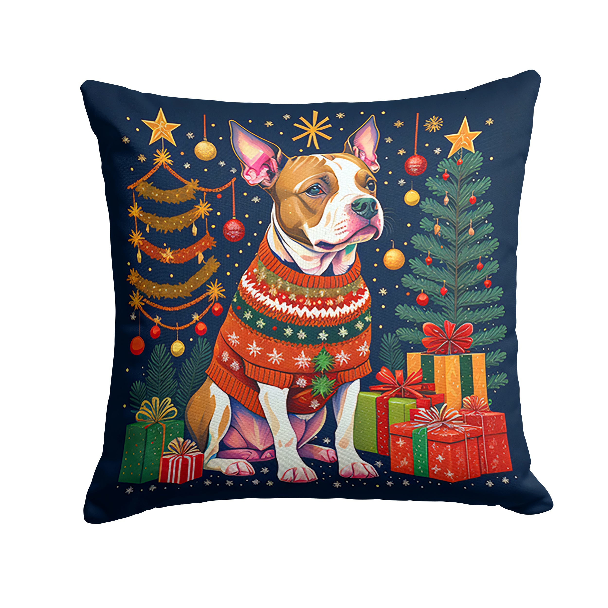 Pit Bull Terrier Christmas Decorative Throw Pillow 14x14 Indoor Outdoor Accent Cushion, Fabric Cover with Insert for Sofa, Bed, Porch & Living Room