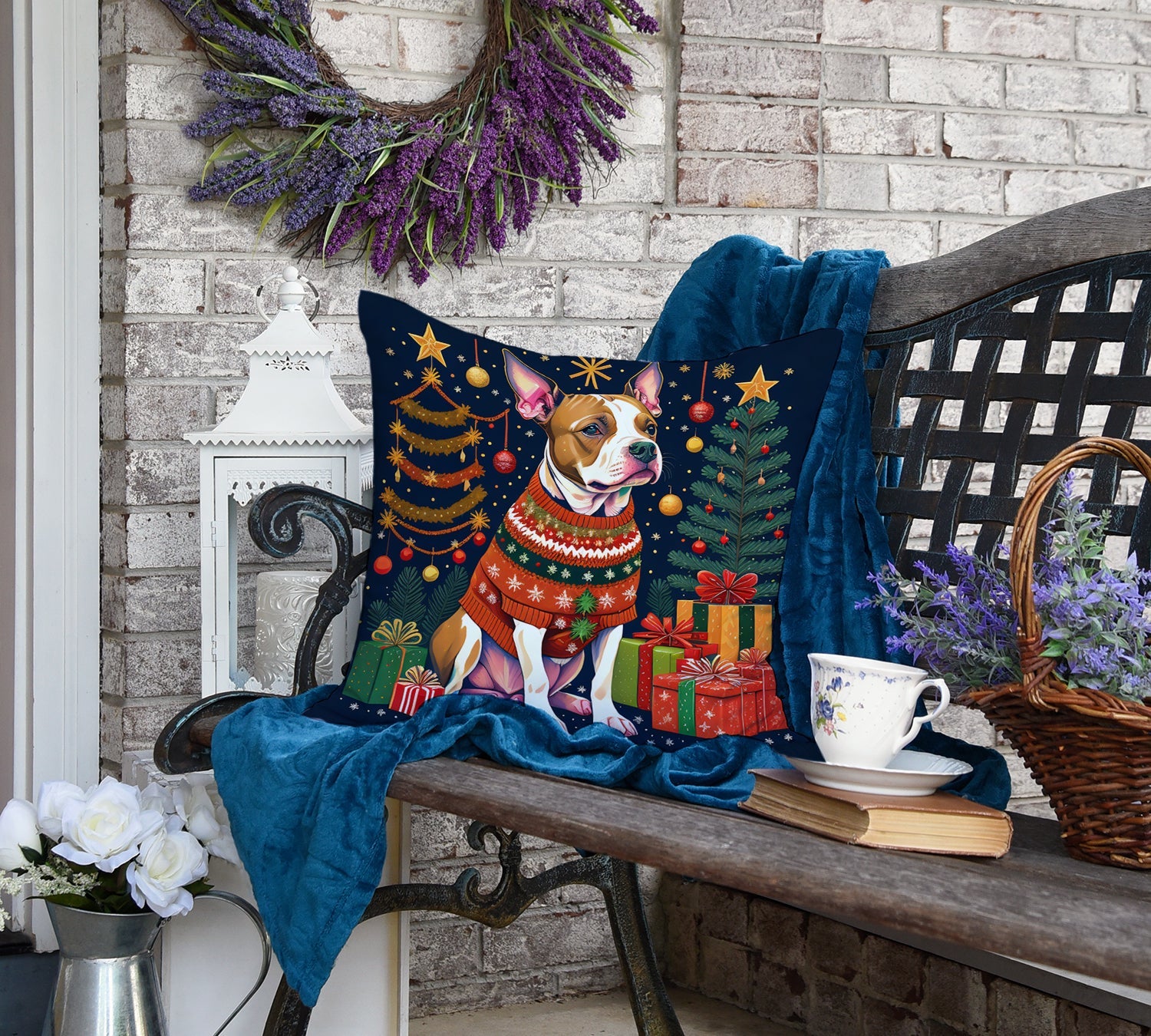 Pit Bull Terrier Christmas Decorative Throw Pillow 18x18 Indoor Outdoor Accent Cushion, Fabric Cover with Insert for Sofa, Bed, Porch & Living Room