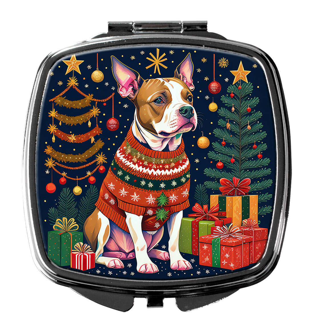 Pit Bull Terrier Christmas Compact Mirror Decorative Travel Makeup Mirror for Women Girls Gifts Pocket Makeup Mirror Folding Handheld
