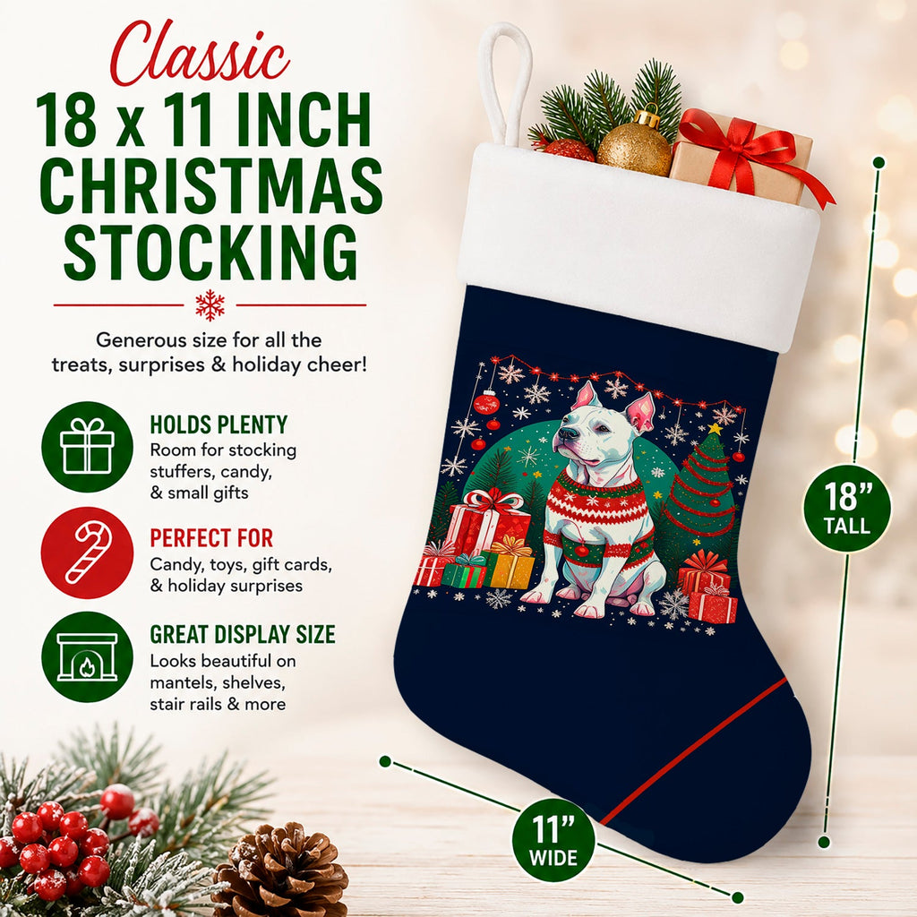 White Pit Bull Terrier Christmas Holiday Stocking Double-Sided Print, Polyester Suede,11x18, Made in USA