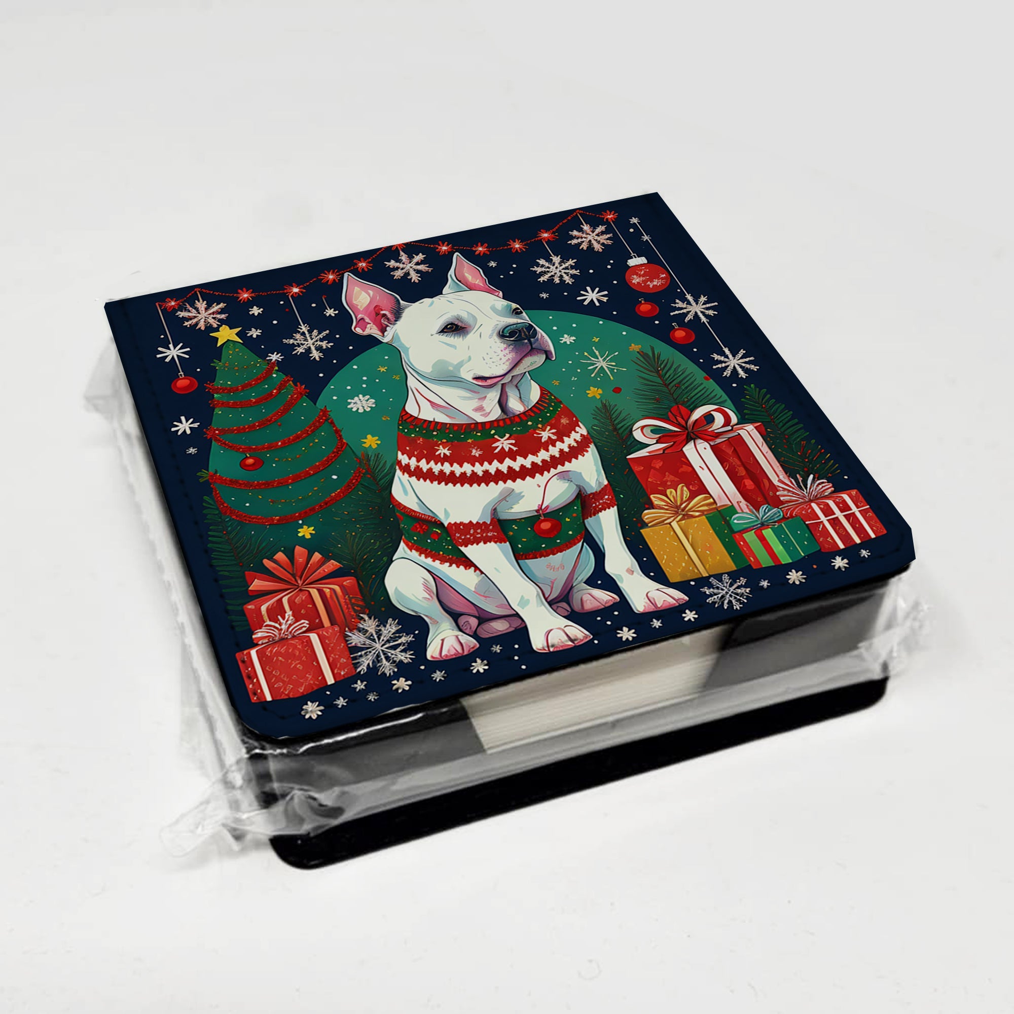White Pit Bull Terrier Christmas PU Leather Note Paper Holder with Artist-Designed Cover, Desk Accessory, Office Gift