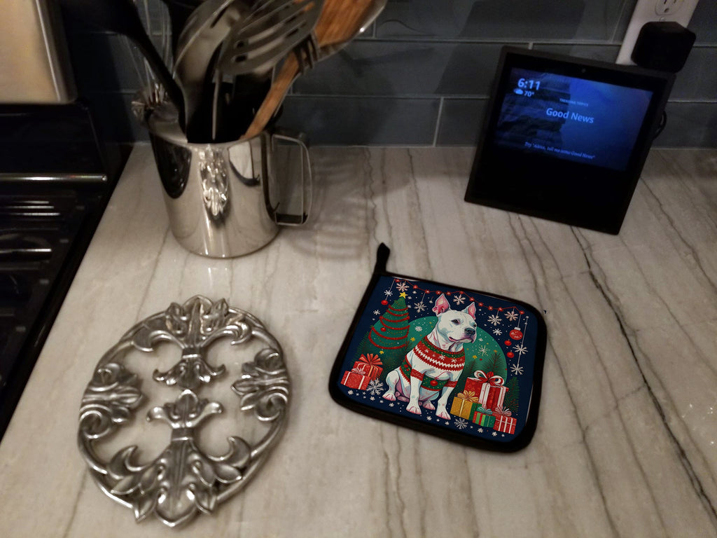 White Pit Bull Terrier Christmas Pot Holder Set of 2 Heat Resistant Quilted Hot Pads 7.5 x 7.5 Inch, Insulated Kitchen Trivets for Cooking & Baking