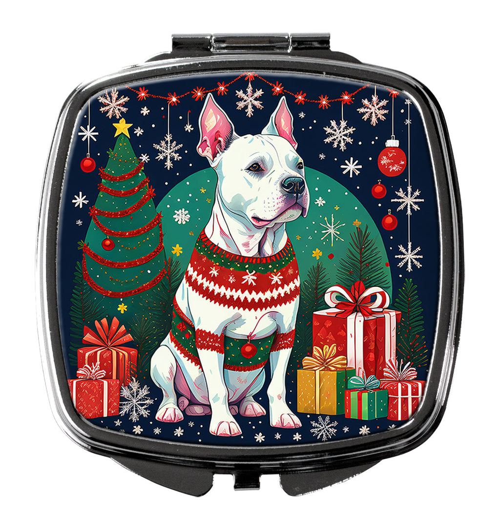 White Pit Bull Terrier Christmas Compact Mirror Decorative Travel Makeup Mirror for Women Girls Gifts Pocket Makeup Mirror Folding Handheld