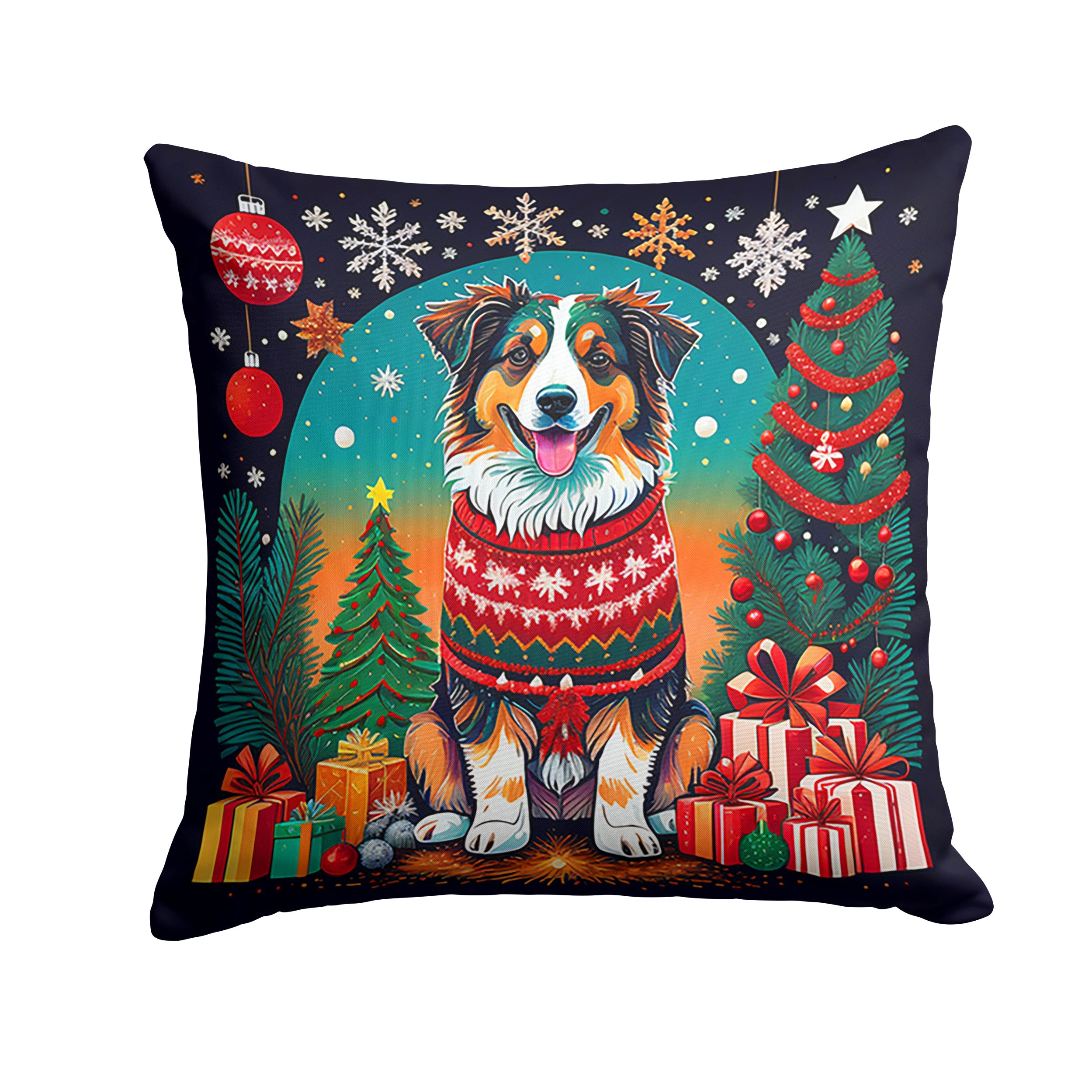Australian Shepherd Christmas Decorative Throw Pillow 18x18 Indoor Outdoor Accent Cushion, Fabric Cover with Insert for Sofa, Bed, Porch & Living Room