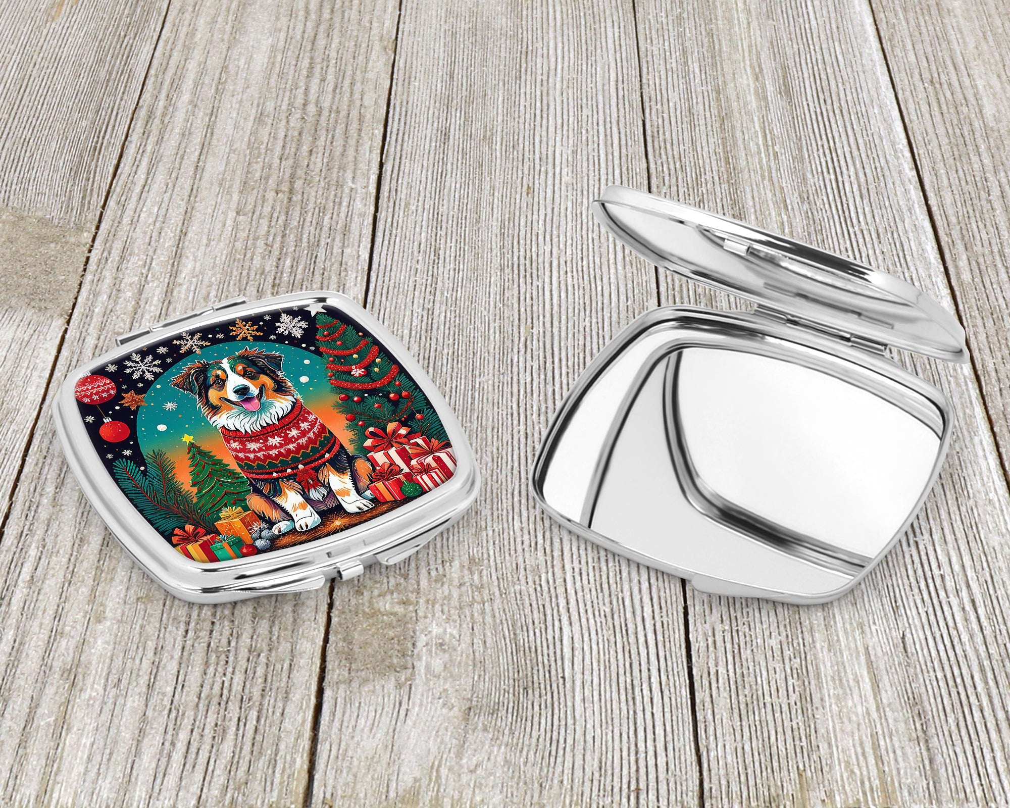 Australian Shepherd Christmas Compact Mirror Decorative Travel Makeup Mirror for Women Girls Gifts Pocket Makeup Mirror Folding Handheld