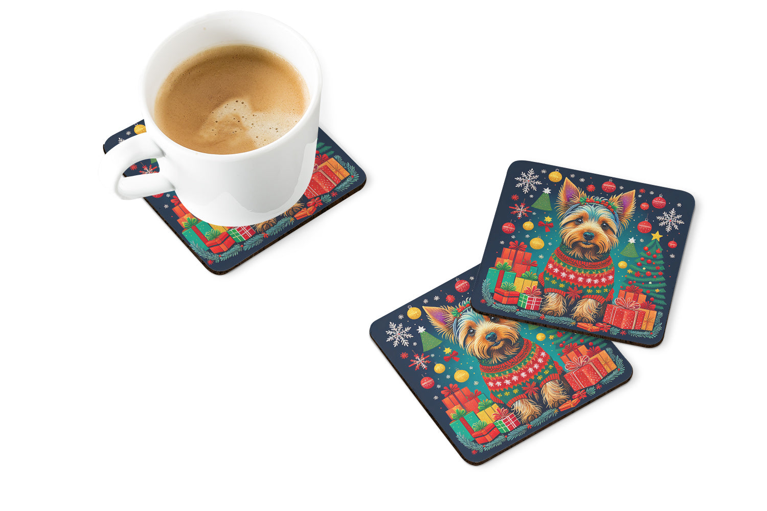 Australian Terrier Christmas Foam Coasters Set of 4 Cup Coasters for Indoor Outdoor, Tabletop Protection, Anti Slip, Mouse pad Material