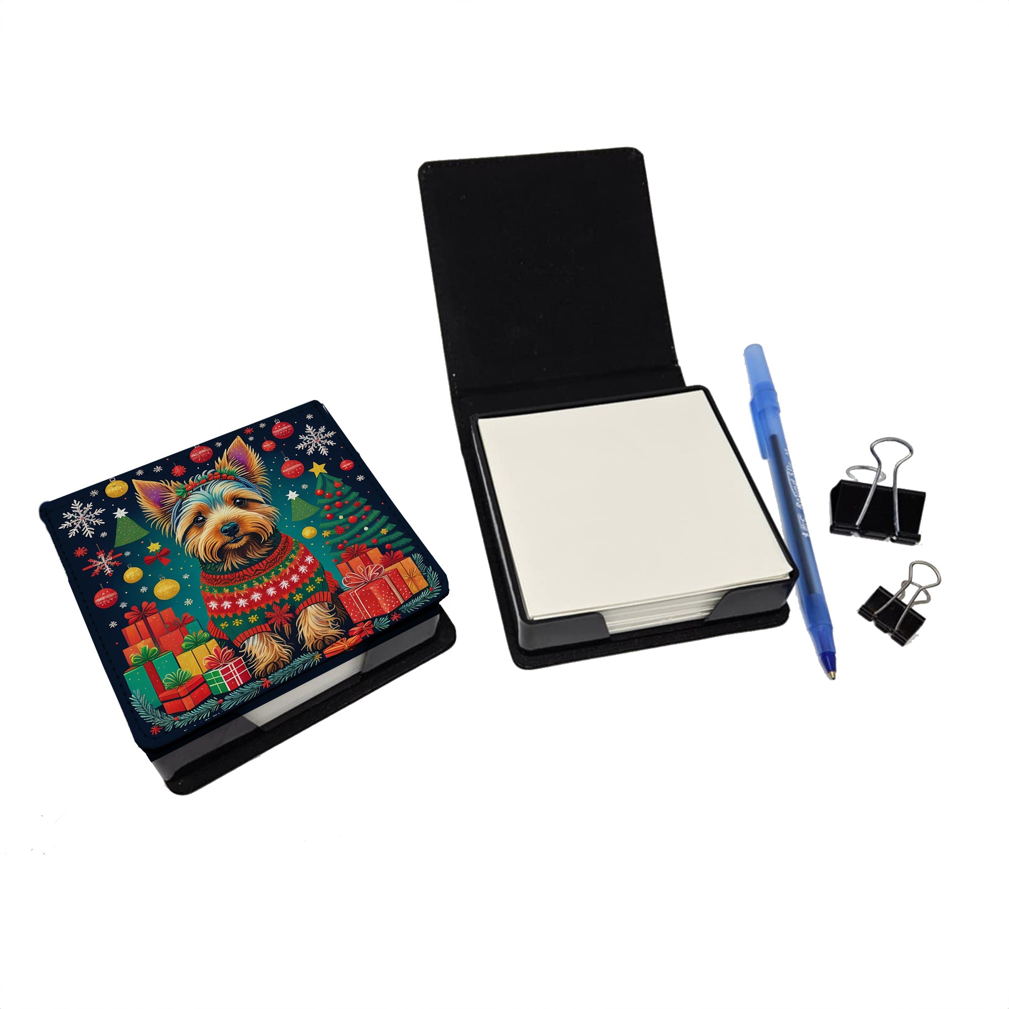 Australian Terrier Christmas PU Leather Note Paper Holder with Artist-Designed Cover, Desk Accessory, Office Gift