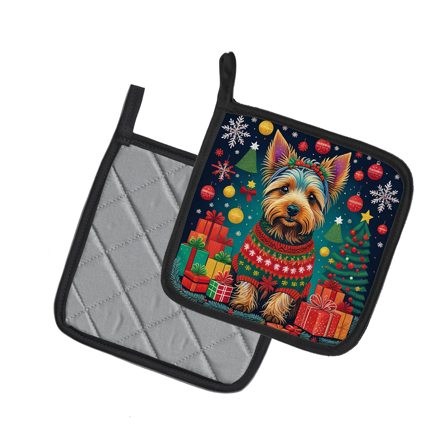 Australian Terrier Christmas Pot Holder Set of 2 Heat Resistant Quilted Hot Pads 7.5 x 7.5 Inch, Insulated Kitchen Trivets for Cooking & Baking