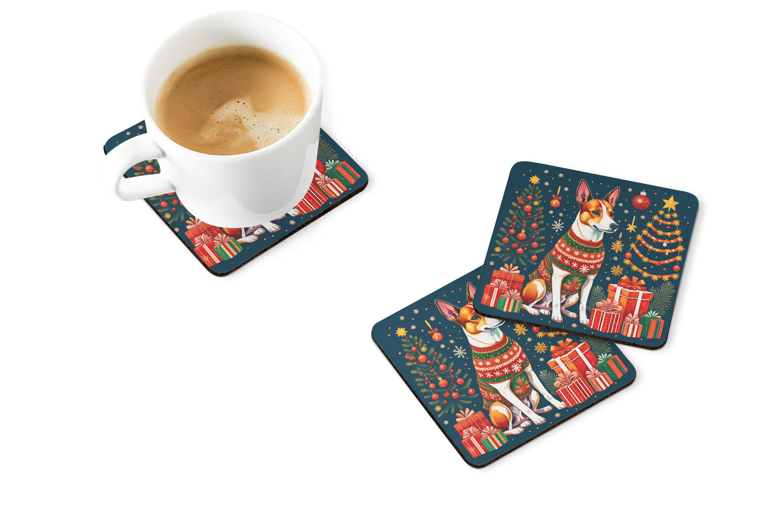 Basenji Christmas Foam Coasters Set of 4 Cup Coasters for Indoor Outdoor, Tabletop Protection, Anti Slip, Mouse pad Material