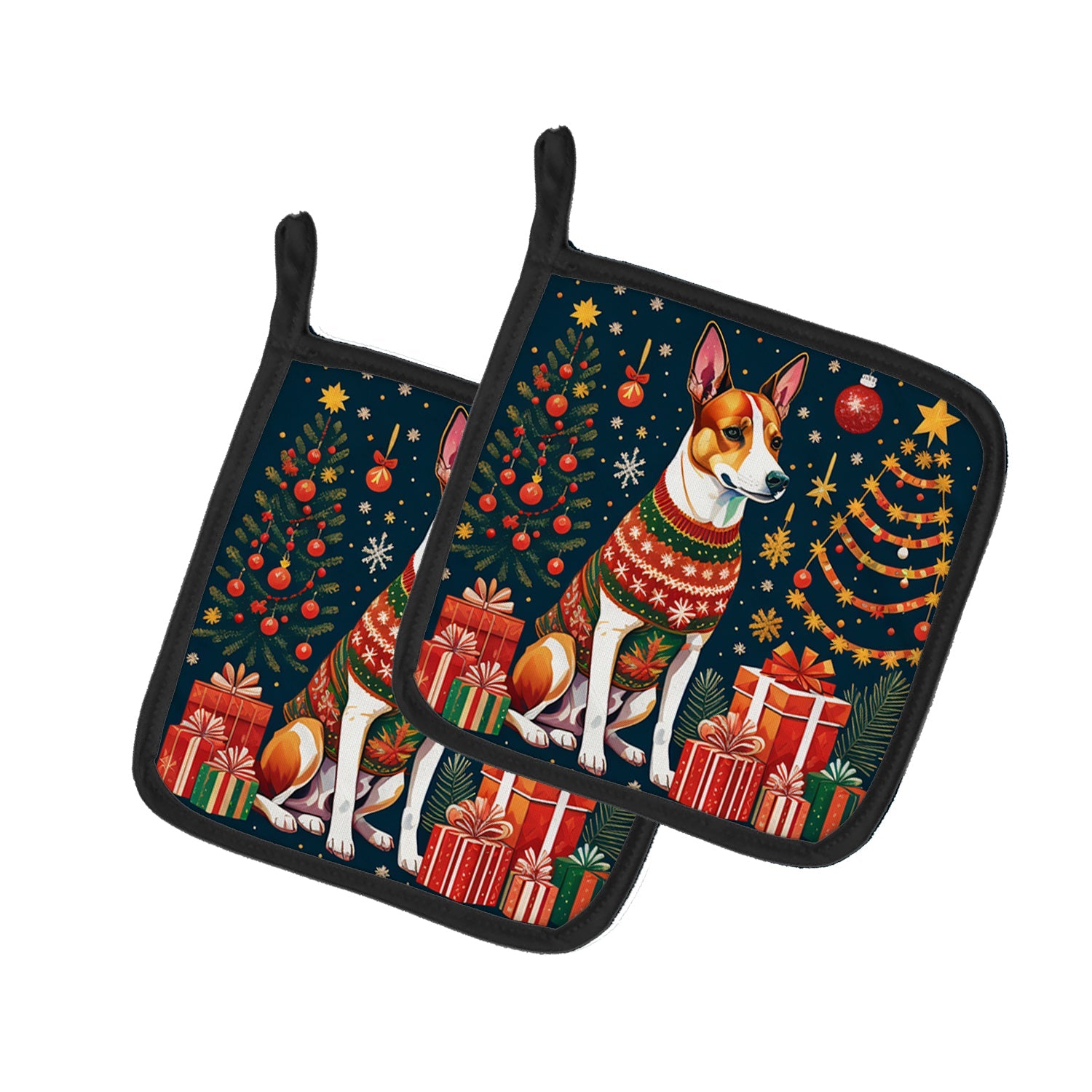 Basenji Christmas Pot Holder Set of 2 Heat Resistant Quilted Hot Pads 7.5 x 7.5 Inch, Insulated Kitchen Trivets for Cooking & Baking