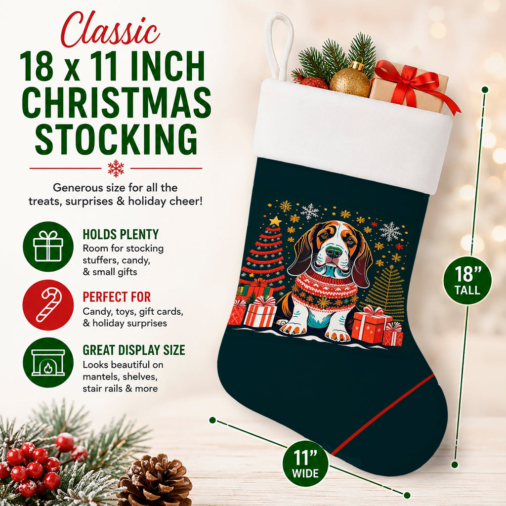 Basset Hound Christmas Holiday Stocking Double-Sided Print, Polyester Suede,11x18, Made in USA