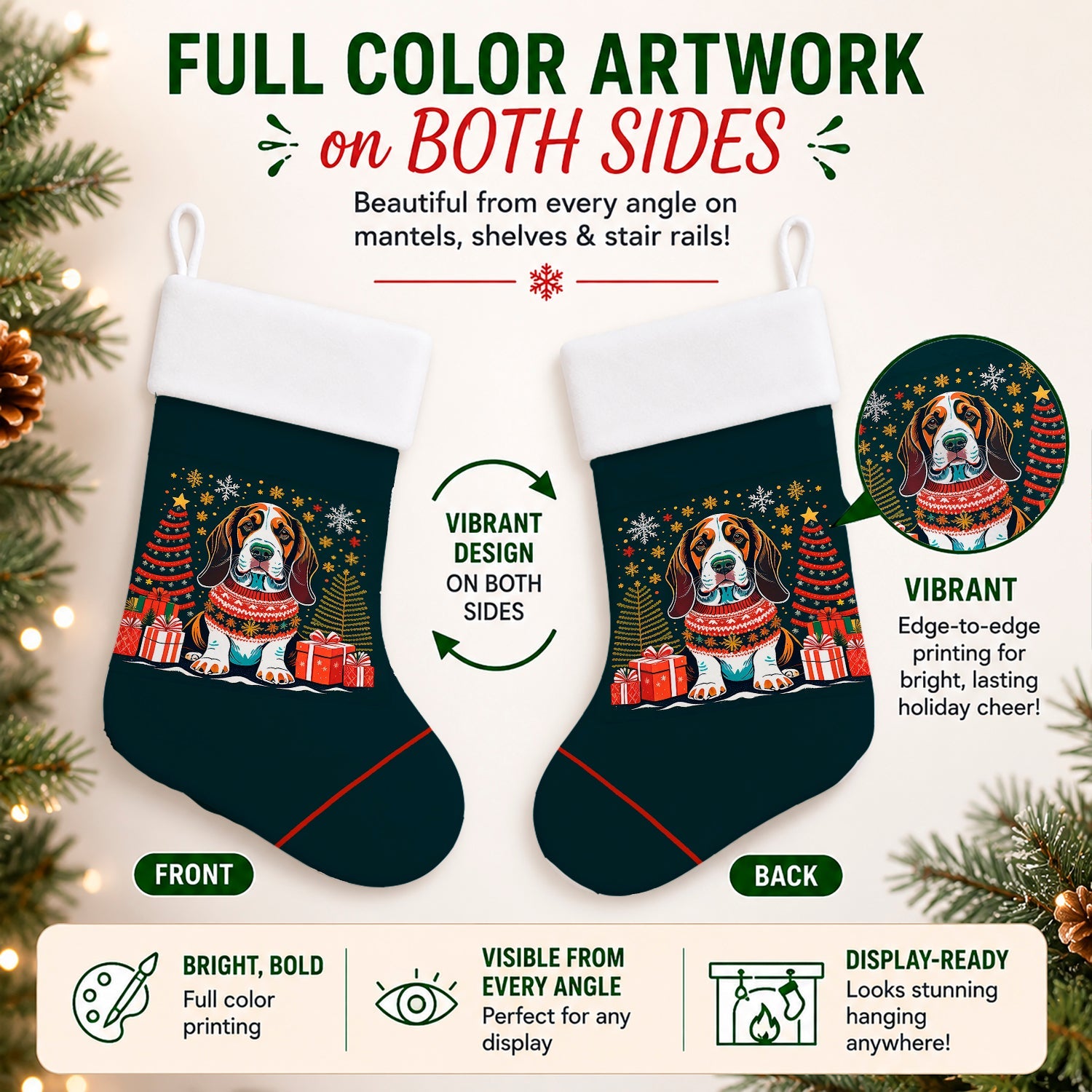 Basset Hound Christmas Holiday Stocking Double-Sided Print, Polyester Suede,11x18, Made in USA