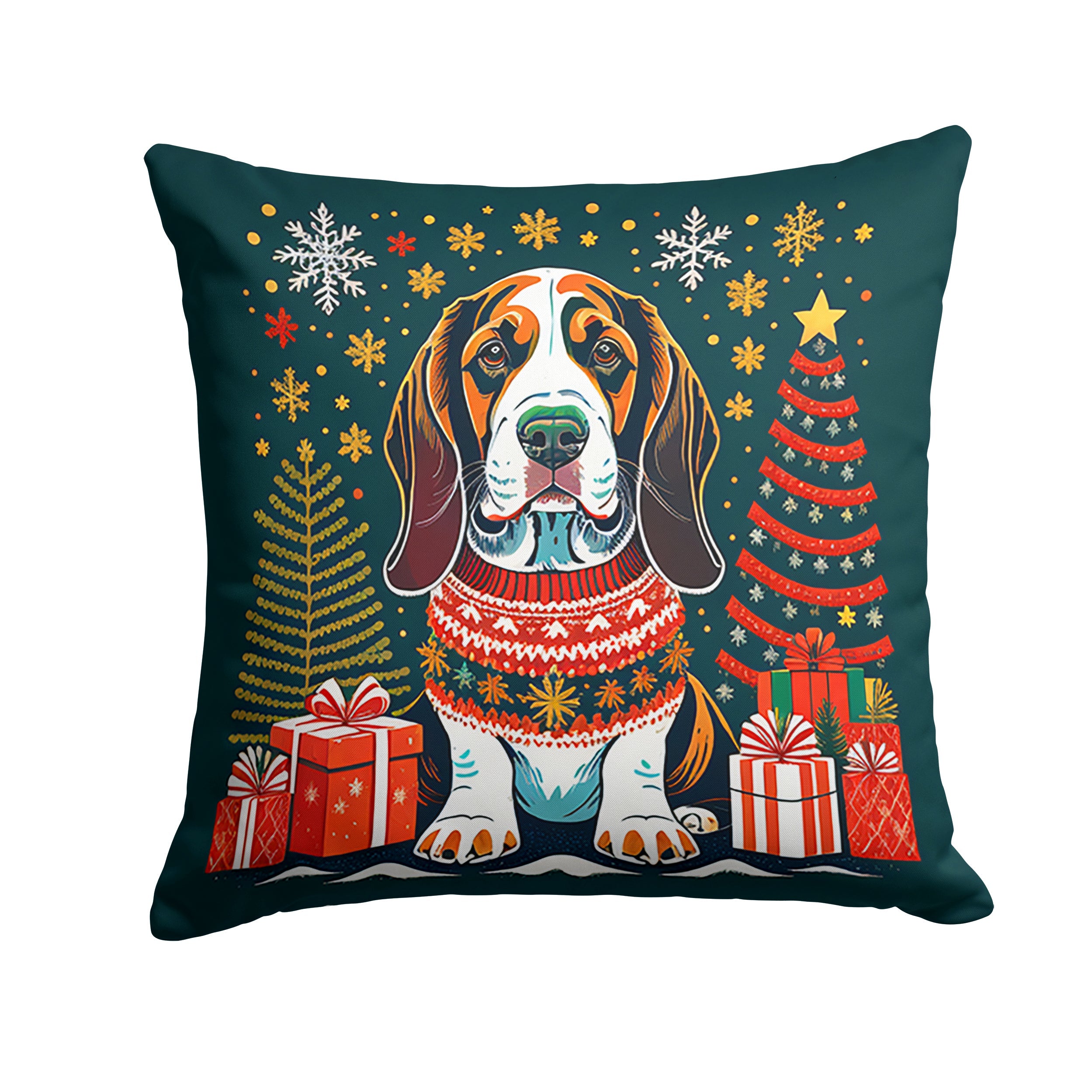 Basset Hound Christmas Decorative Throw Pillow 14x14 Indoor Outdoor Accent Cushion, Fabric Cover with Insert for Sofa, Bed, Porch & Living Room