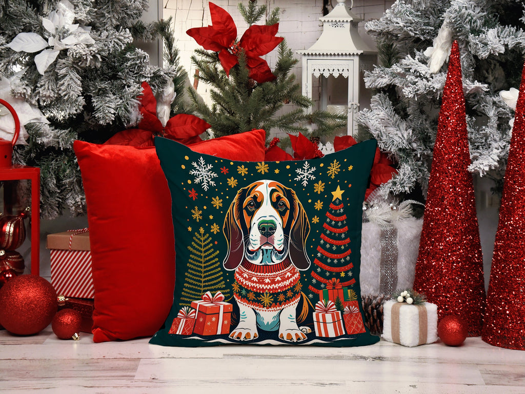 Basset Hound Christmas Decorative Throw Pillow 18x18 Indoor Outdoor Accent Cushion, Fabric Cover with Insert for Sofa, Bed, Porch & Living Room