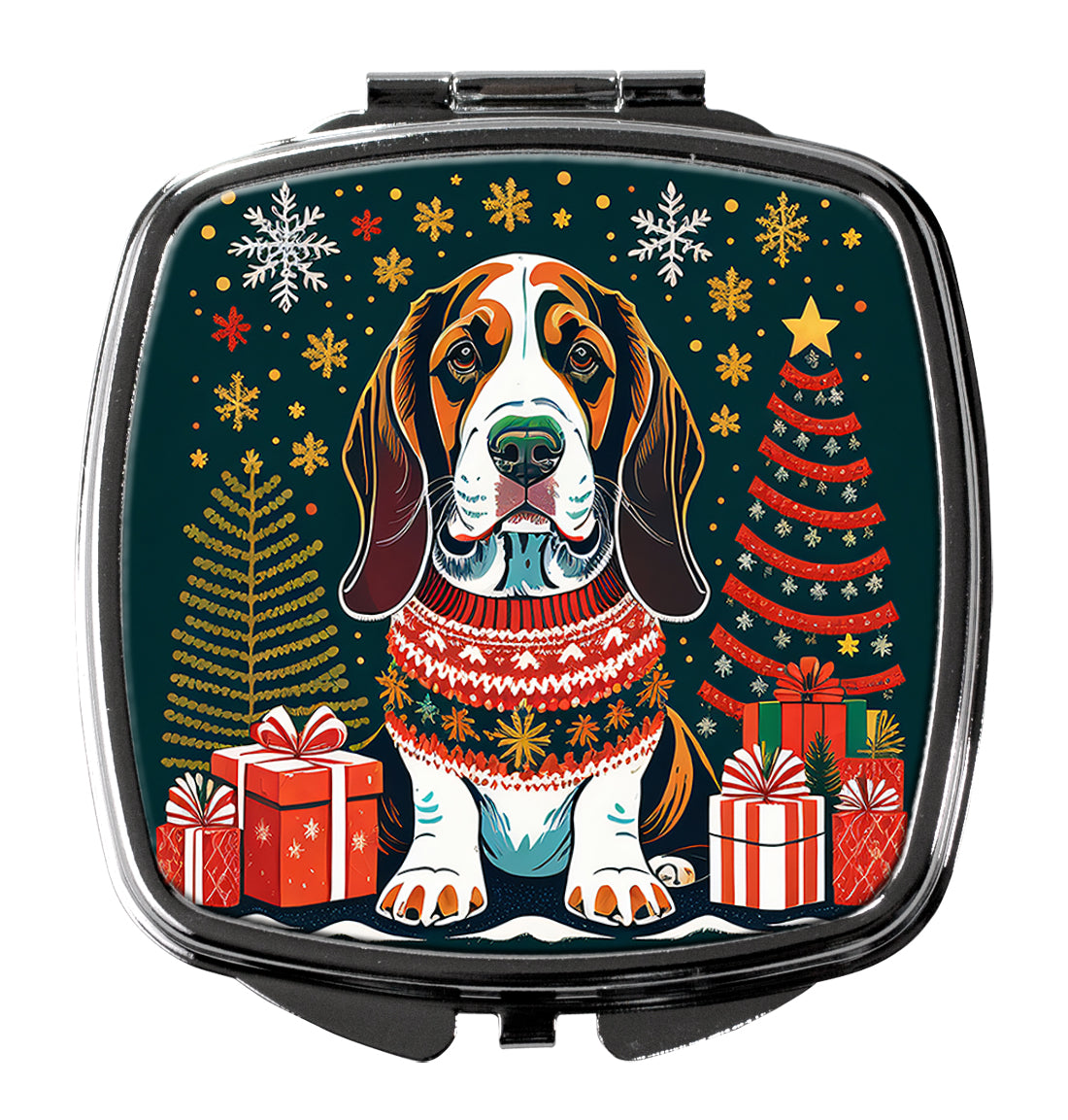 Basset Hound Christmas Compact Mirror Decorative Travel Makeup Mirror for Women Girls Gifts Pocket Makeup Mirror Folding Handheld
