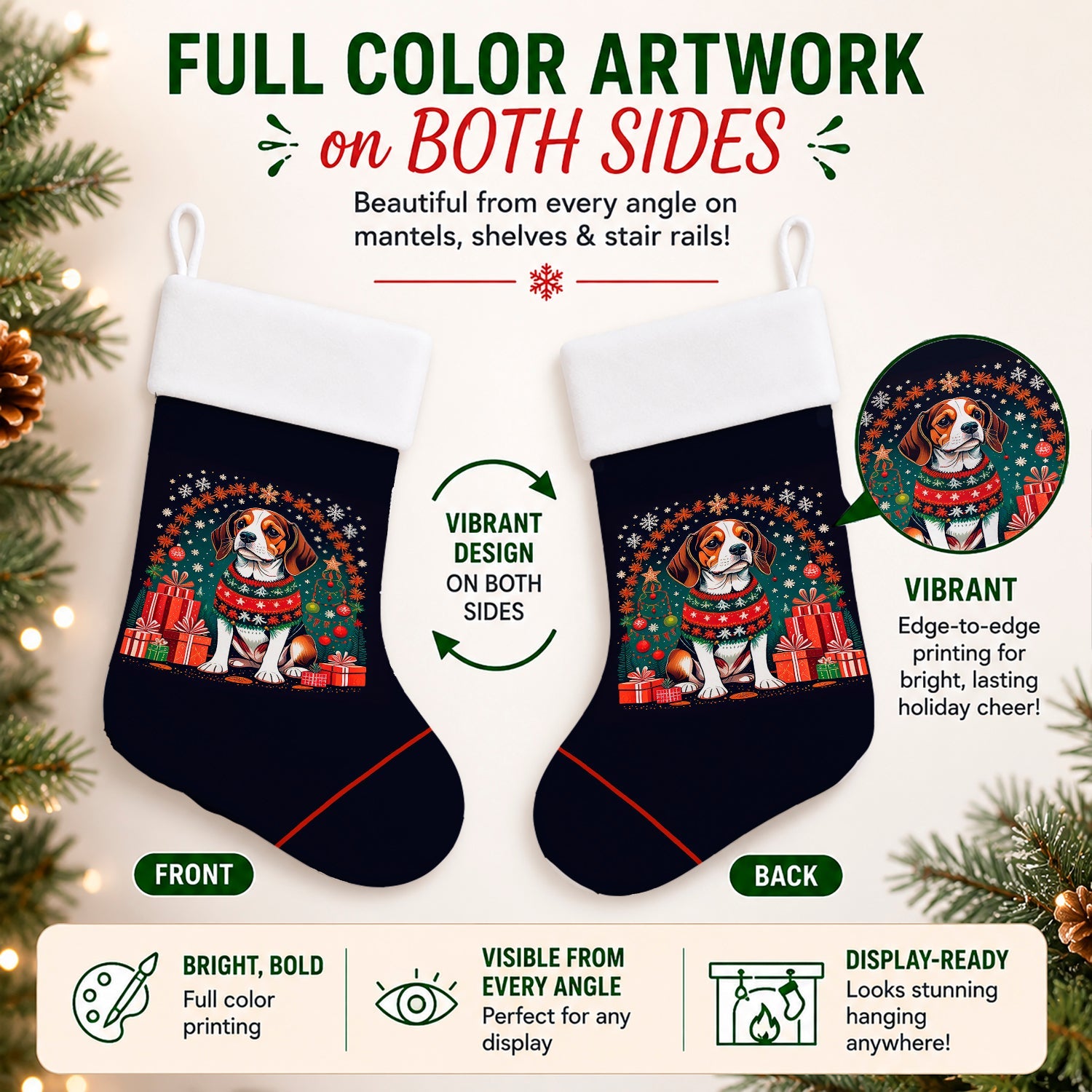 Beagle Christmas Holiday Stocking Double-Sided Print, Polyester Suede,11x18, Made in USA