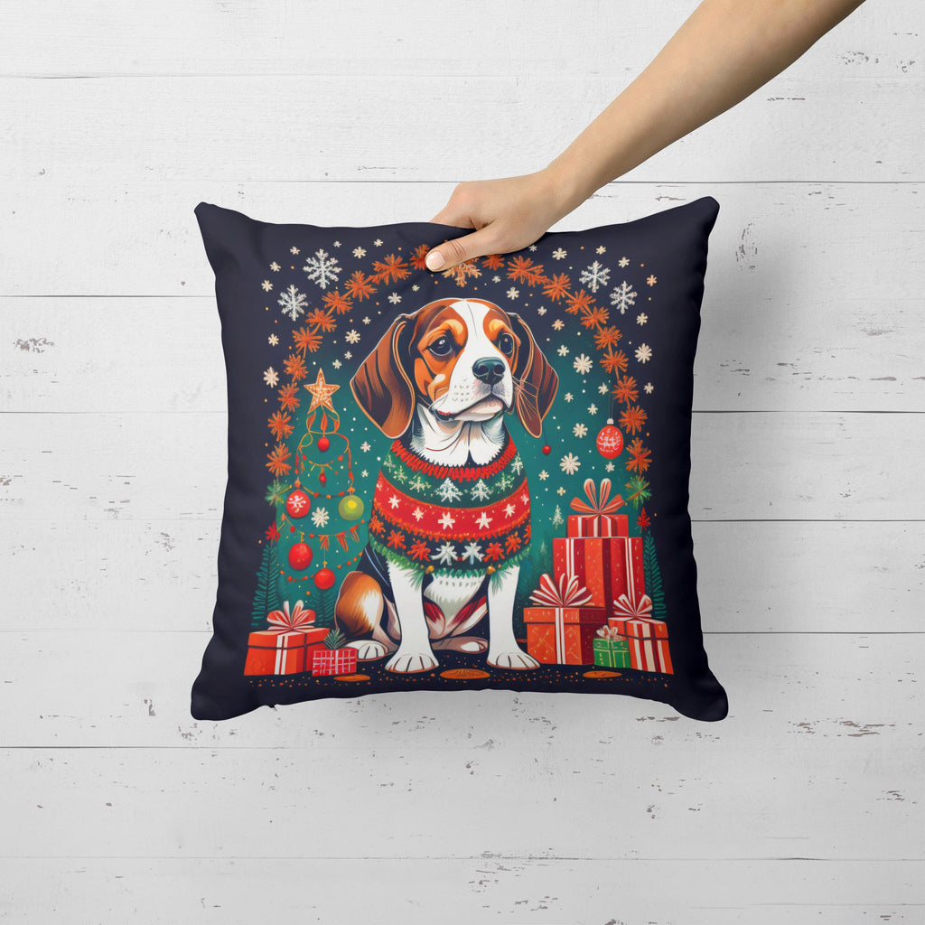 Beagle Christmas Decorative Throw Pillow 14x14 Indoor Outdoor Accent Cushion, Fabric Cover with Insert for Sofa, Bed, Porch & Living Room
