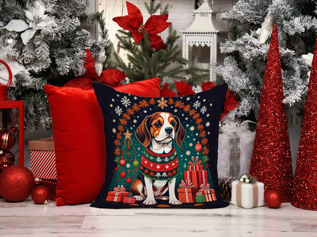Beagle Christmas Decorative Throw Pillow 14x14 Indoor Outdoor Accent Cushion, Fabric Cover with Insert for Sofa, Bed, Porch & Living Room