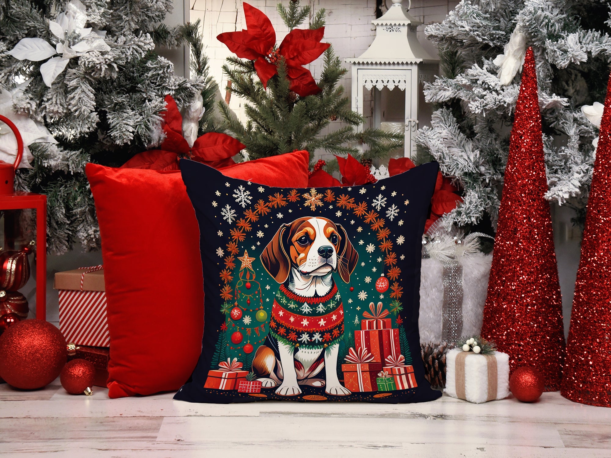 Beagle Christmas Decorative Throw Pillow 18x18 Indoor Outdoor Accent Cushion, Fabric Cover with Insert for Sofa, Bed, Porch & Living Room
