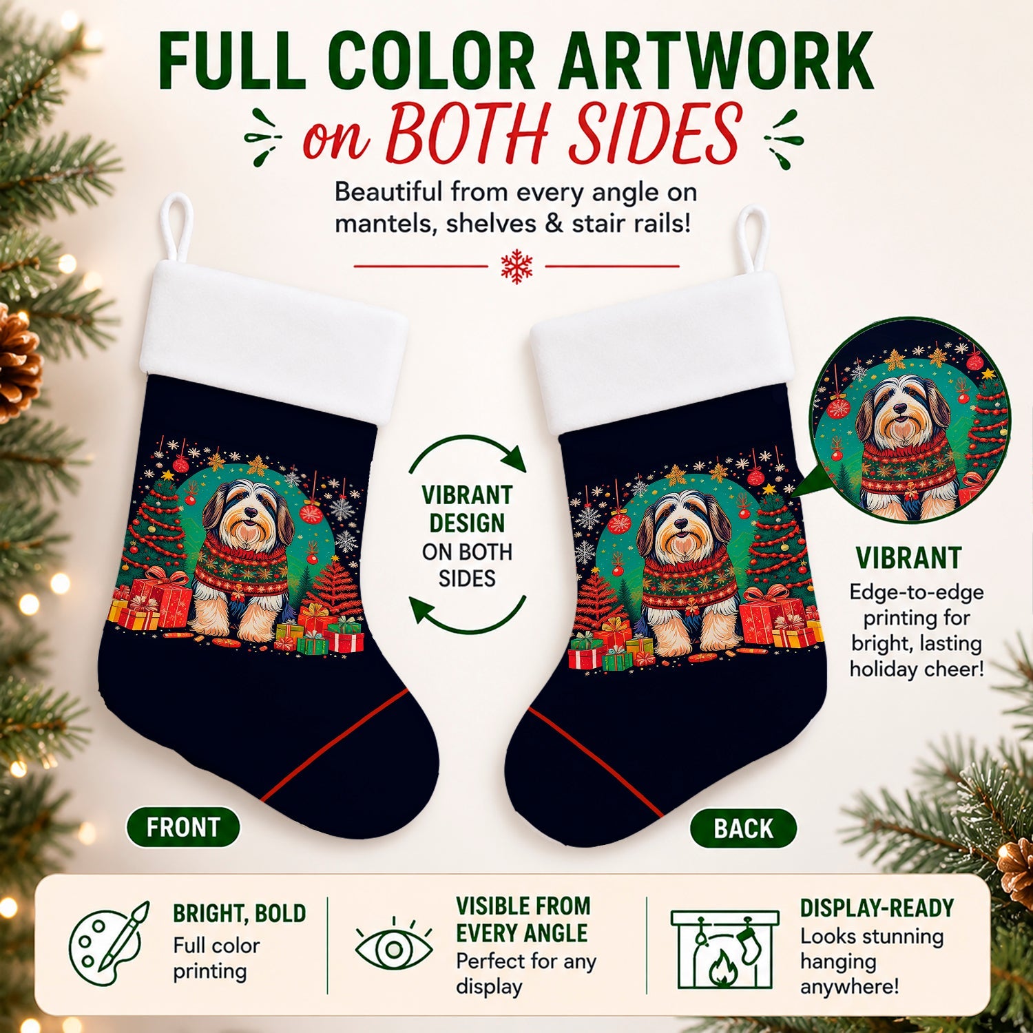 Bearded Collie Christmas Holiday Stocking Double-Sided Print, Polyester Suede,11x18, Made in USA