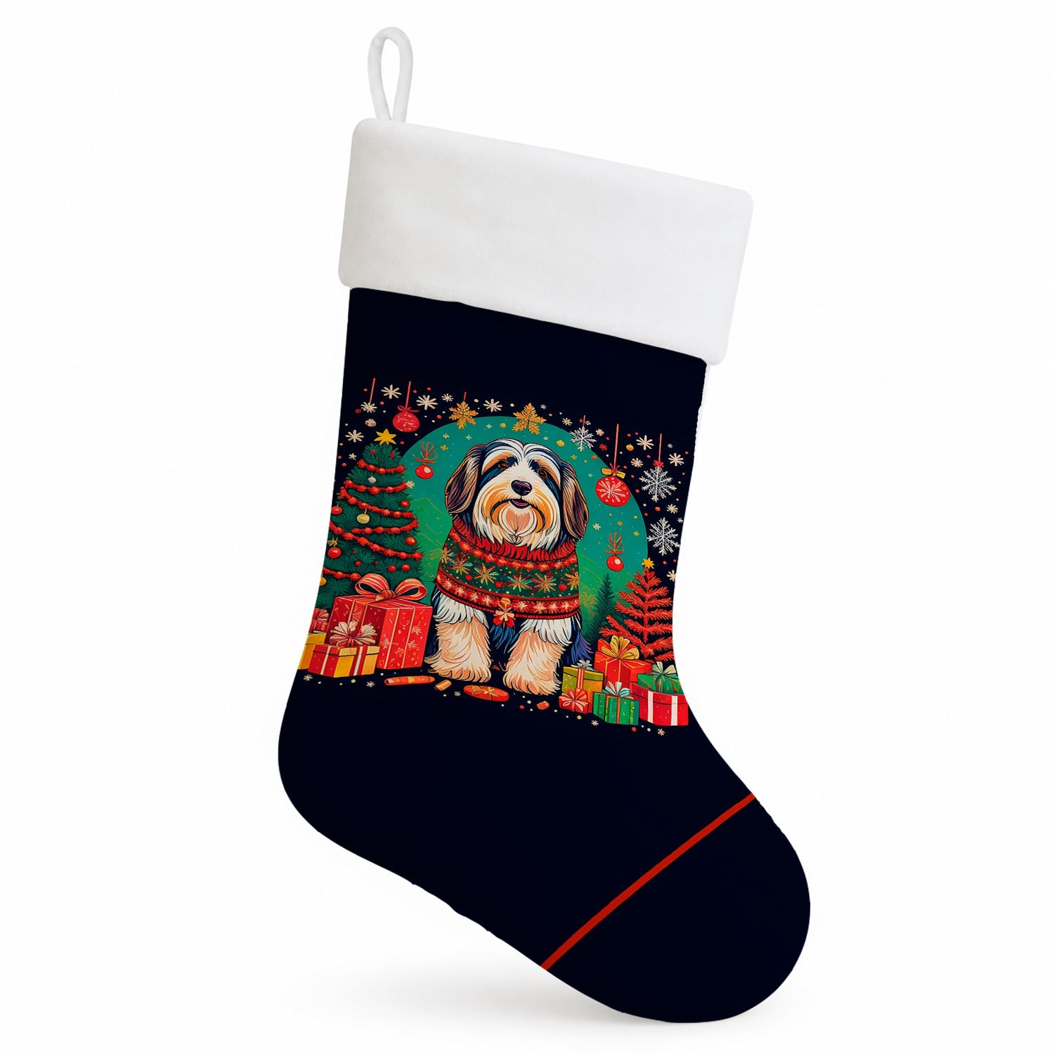 Bearded Collie Christmas Holiday Stocking Double-Sided Print, Polyester Suede,11x18, Made in USA