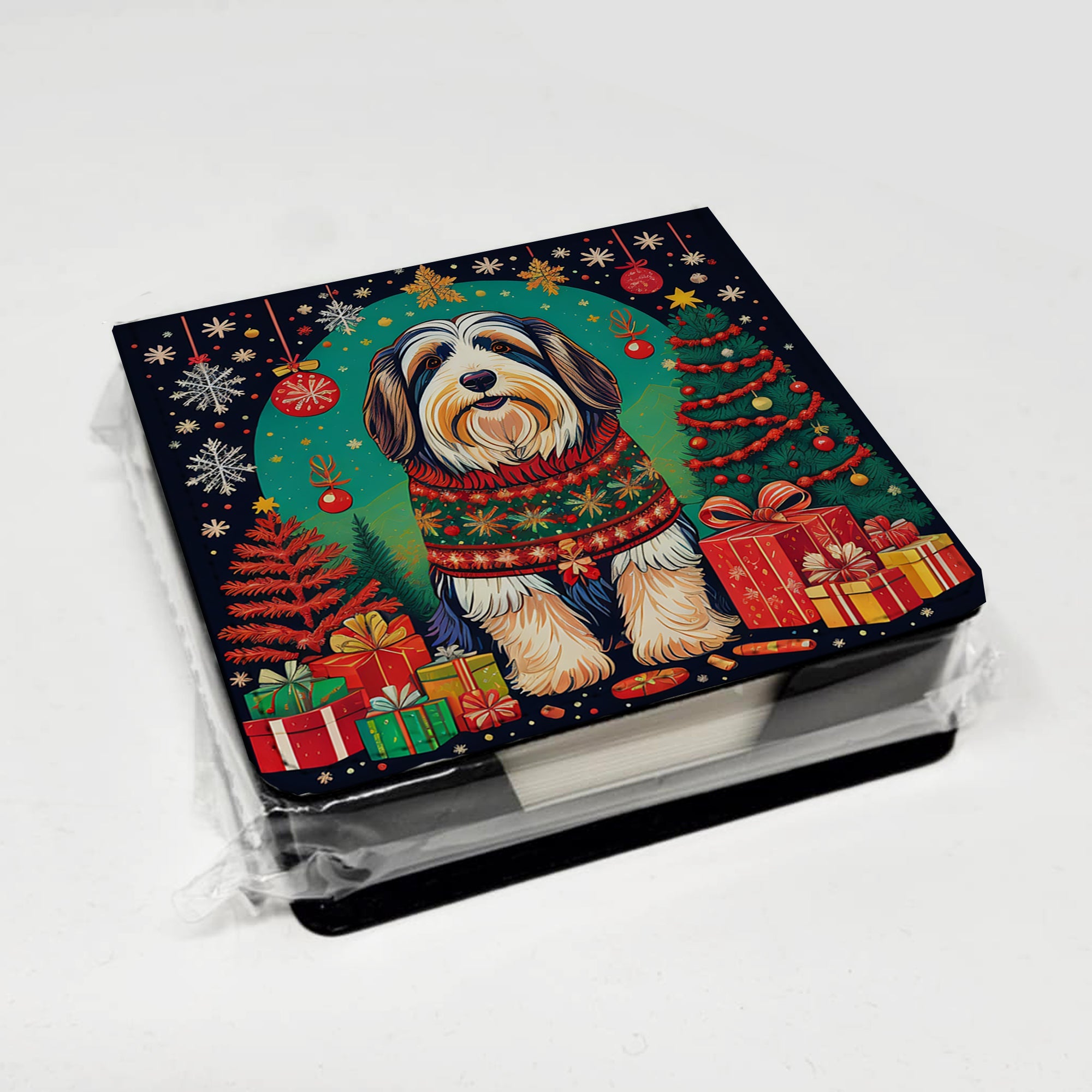 Bearded Collie Christmas PU Leather Note Paper Holder with Artist-Designed Cover, Desk Accessory, Office Gift