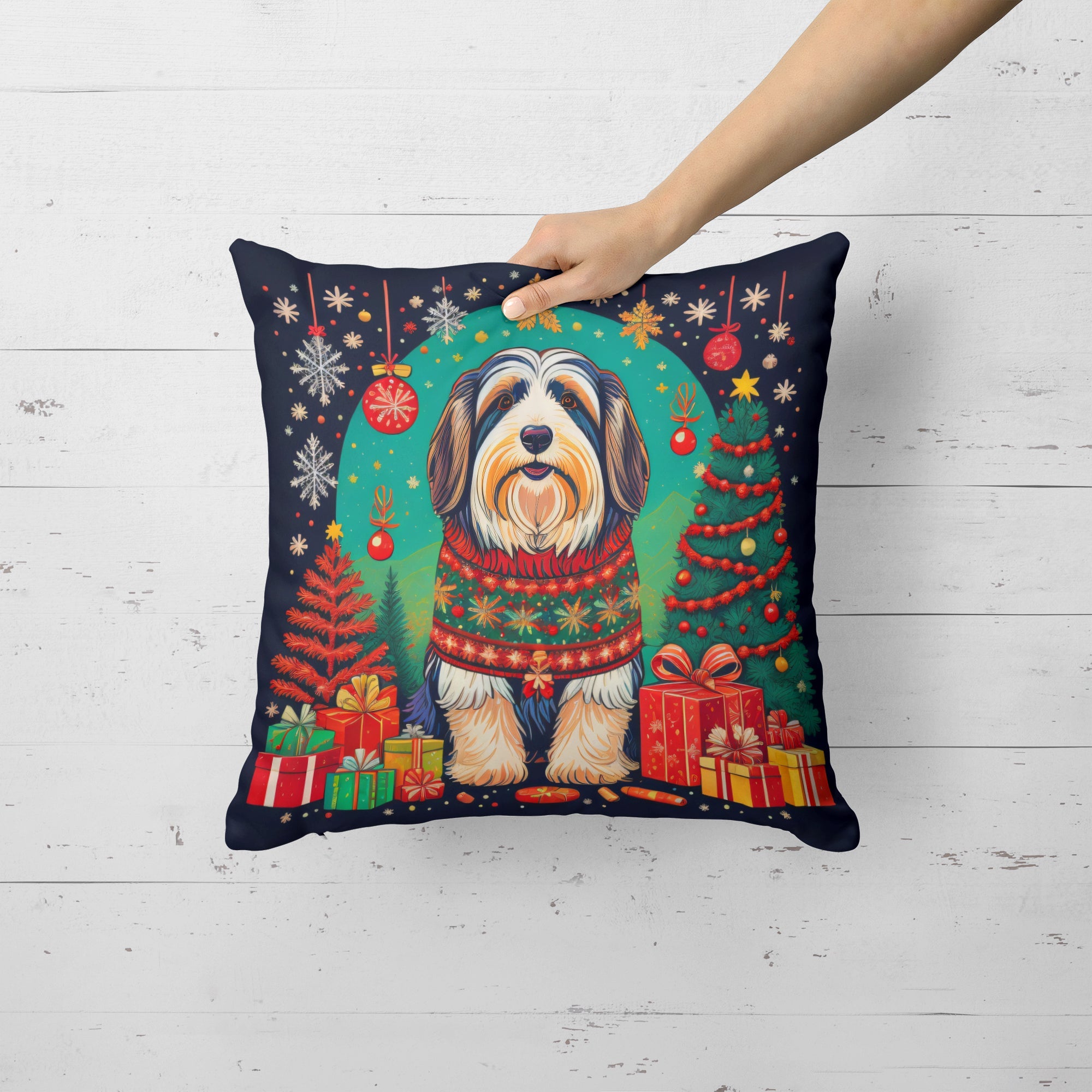 Bearded Collie Christmas Decorative Throw Pillow 14x14 Indoor Outdoor Accent Cushion, Fabric Cover with Insert for Sofa, Bed, Porch & Living Room