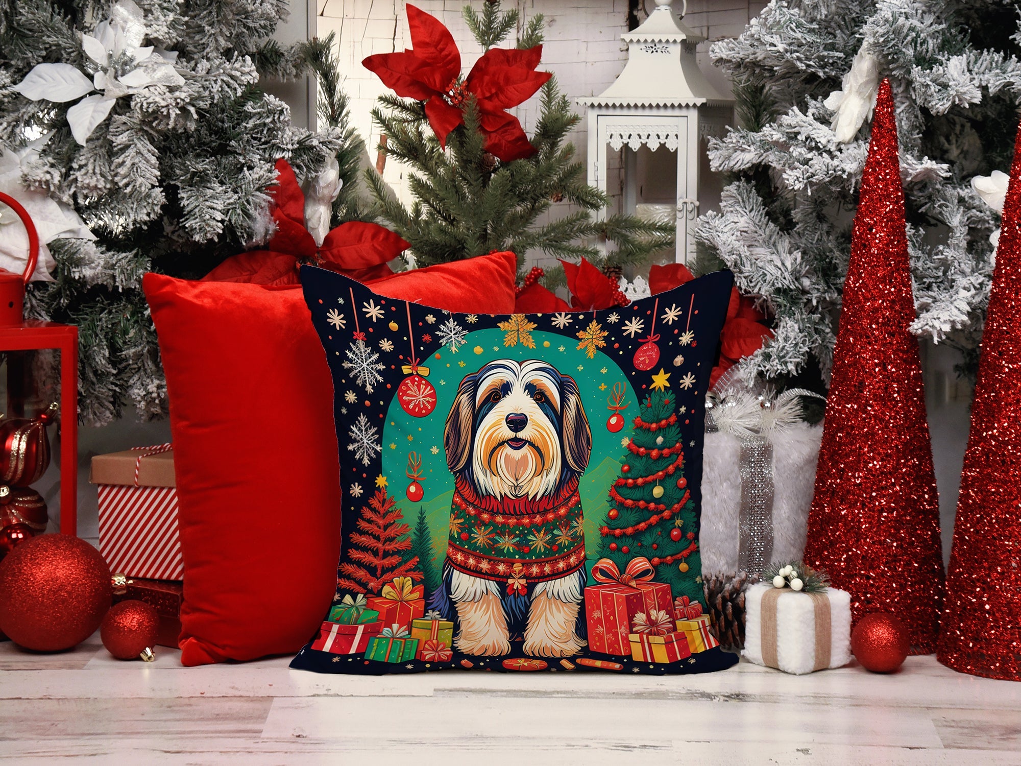 Bearded Collie Christmas Decorative Throw Pillow 18x18 Indoor Outdoor Accent Cushion, Fabric Cover with Insert for Sofa, Bed, Porch & Living Room