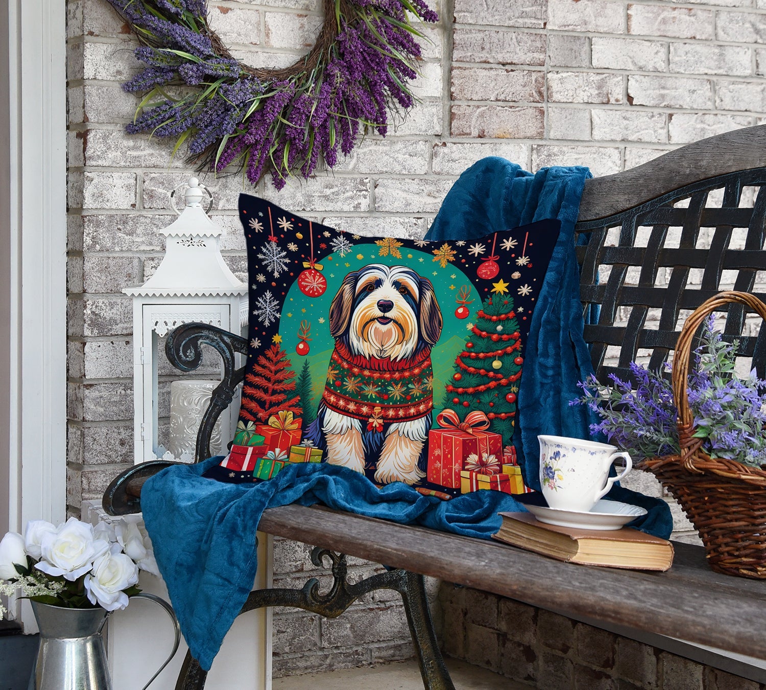 Bearded Collie Christmas Decorative Throw Pillow 18x18 Indoor Outdoor Accent Cushion, Fabric Cover with Insert for Sofa, Bed, Porch & Living Room