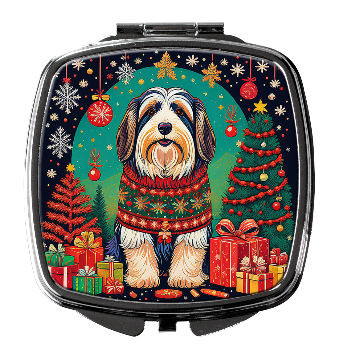 Bearded Collie Christmas Compact Mirror Decorative Travel Makeup Mirror for Women Girls Gifts Pocket Makeup Mirror Folding Handheld