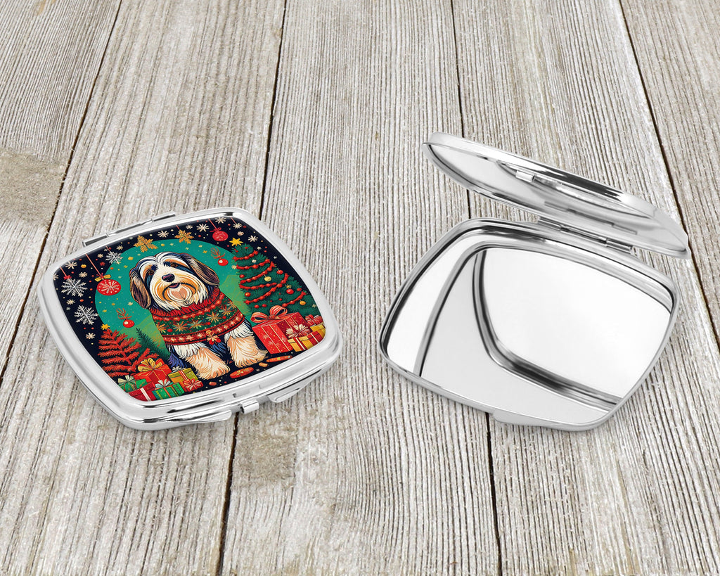 Bearded Collie Christmas Compact Mirror Decorative Travel Makeup Mirror for Women Girls Gifts Pocket Makeup Mirror Folding Handheld