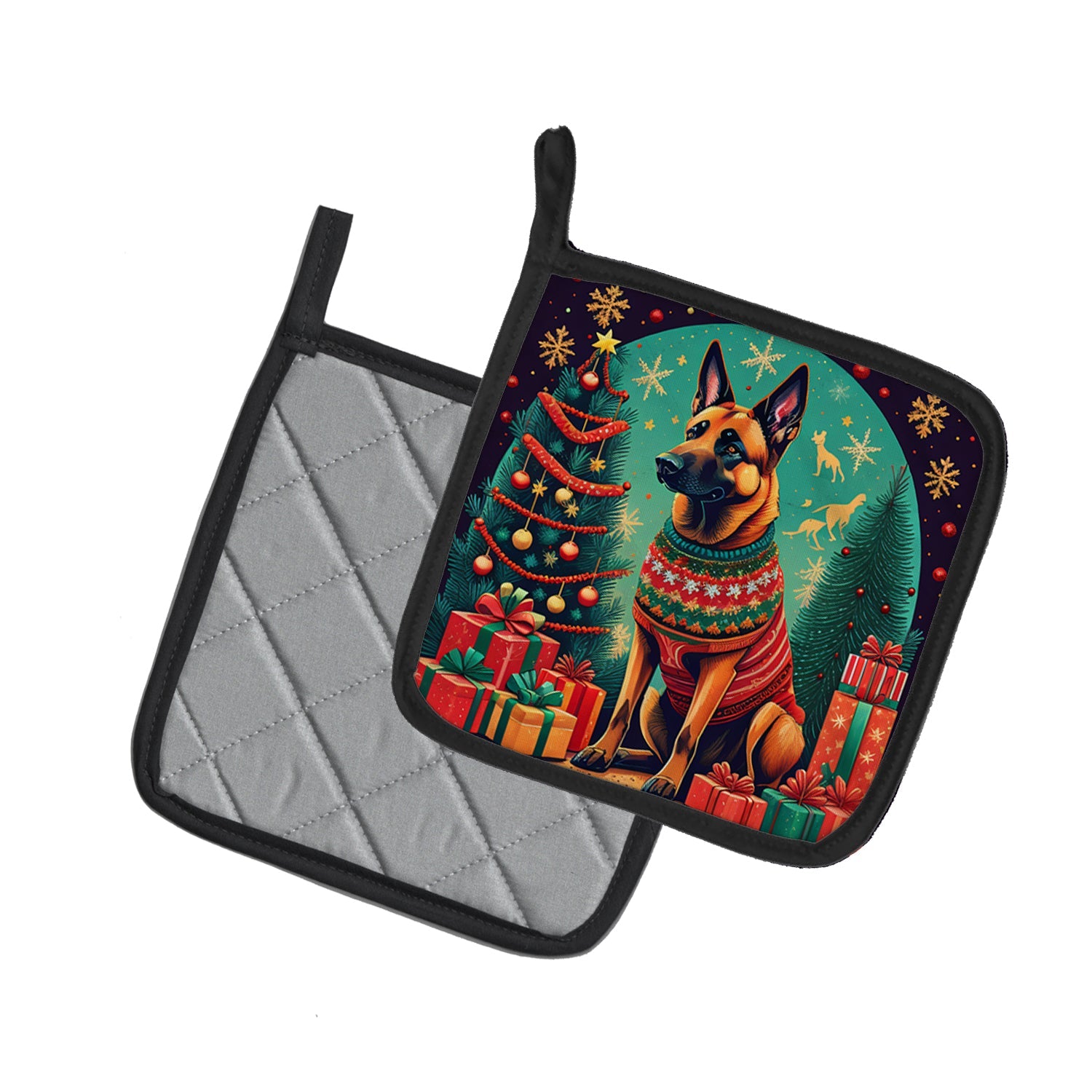 Belgian Malinois Christmas Pot Holder Set of 2 Heat Resistant Quilted Hot Pads 7.5 x 7.5 Inch, Insulated Kitchen Trivets for Cooking & Baking