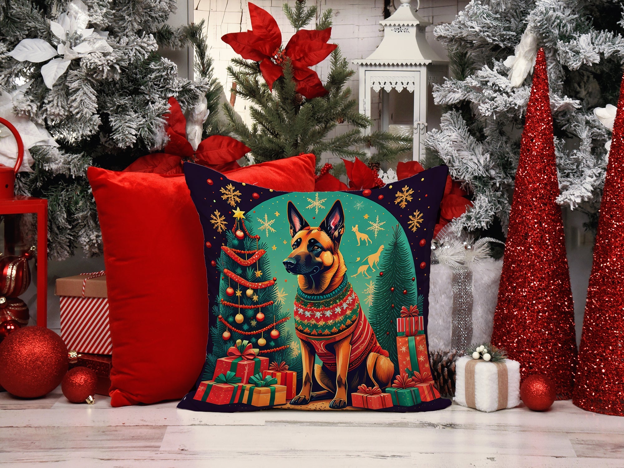 Belgian Malinois Christmas Decorative Throw Pillow 14x14 Indoor Outdoor Accent Cushion, Fabric Cover with Insert for Sofa, Bed, Porch & Living Room