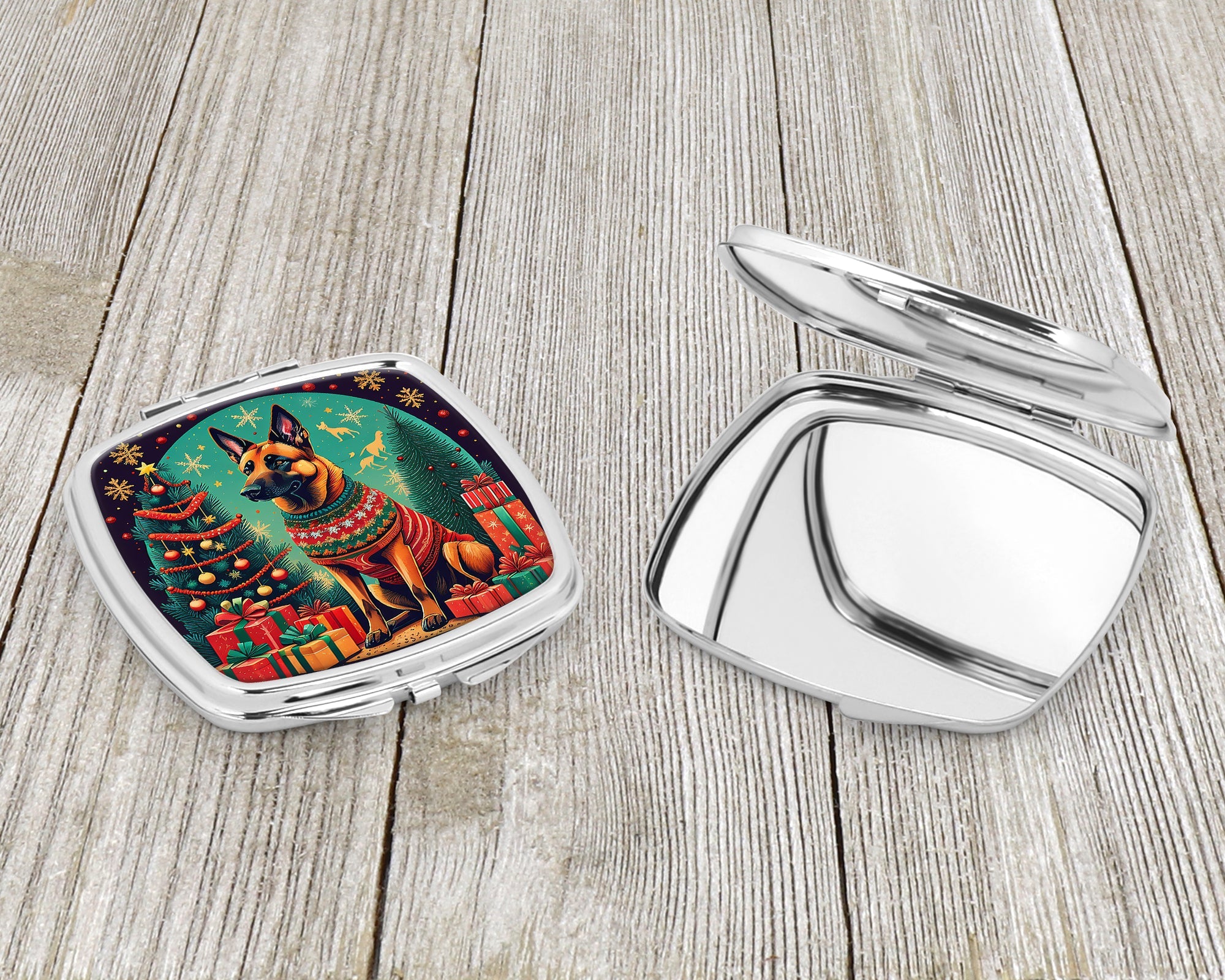 Belgian Malinois Christmas Compact Mirror Decorative Travel Makeup Mirror for Women Girls Gifts Pocket Makeup Mirror Folding Handheld