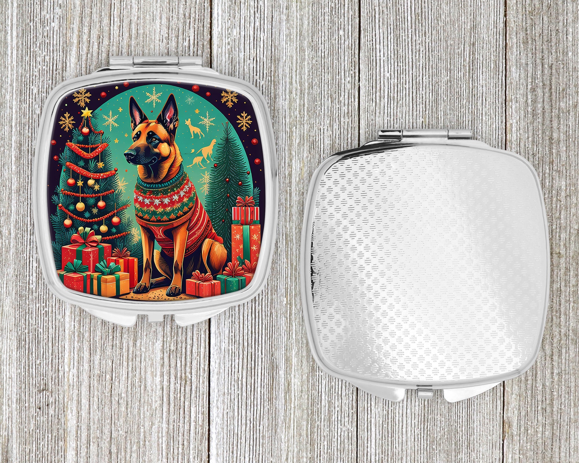 Belgian Malinois Christmas Compact Mirror Decorative Travel Makeup Mirror for Women Girls Gifts Pocket Makeup Mirror Folding Handheld