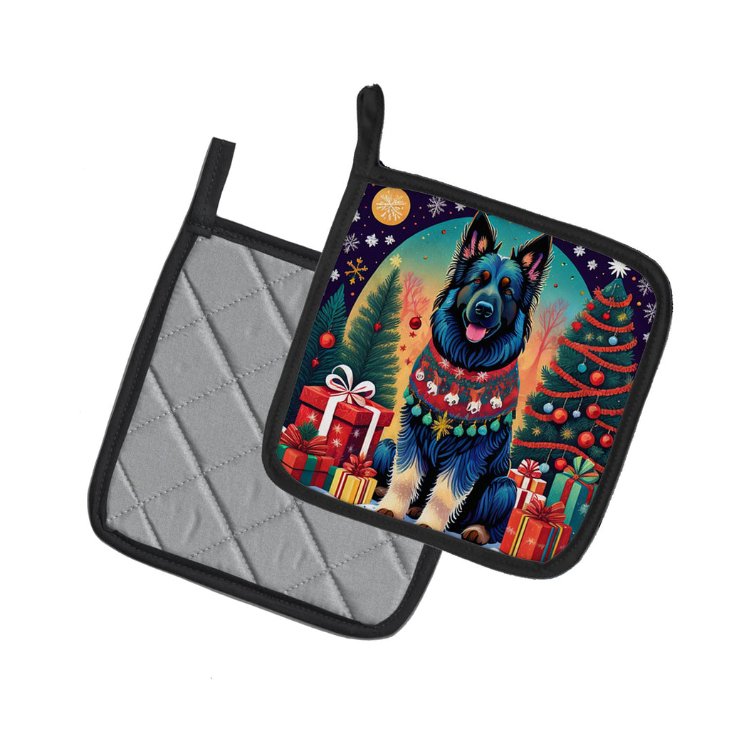 Belgian Sheepdog Christmas Pot Holder Set of 2 Heat Resistant Quilted Hot Pads 7.5 x 7.5 Inch, Insulated Kitchen Trivets for Cooking & Baking