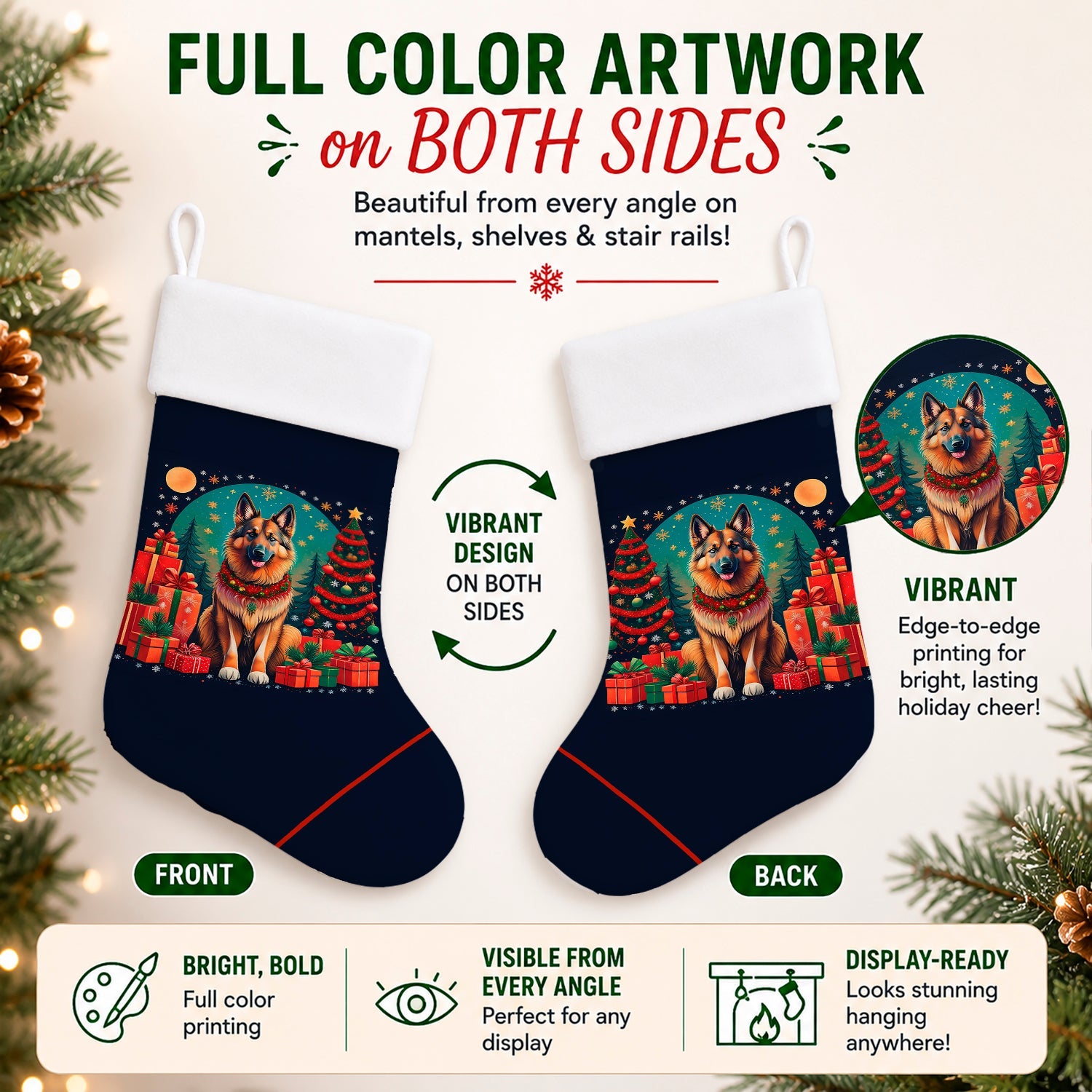 Belgian Tervuren Christmas Holiday Stocking Double-Sided Print, Polyester Suede,11x18, Made in USA