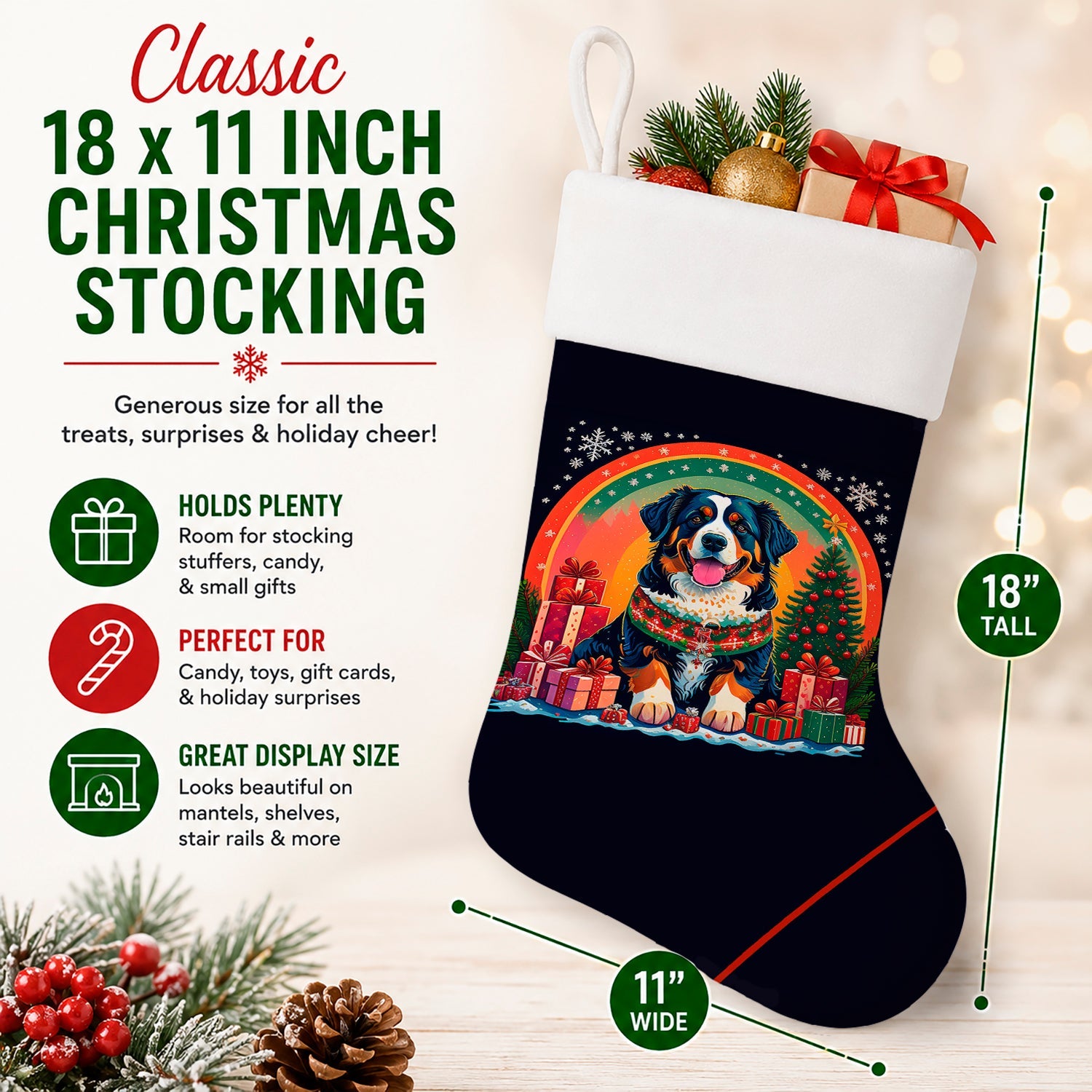Bernese Mountain Dog Christmas Holiday Stocking Double-Sided Print, Polyester Suede,11x18, Made in USA