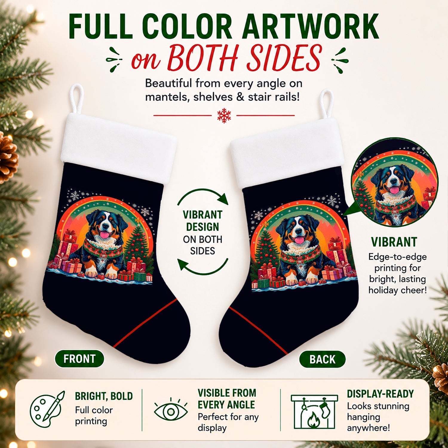 Bernese Mountain Dog Christmas Holiday Stocking Double-Sided Print, Polyester Suede,11x18, Made in USA