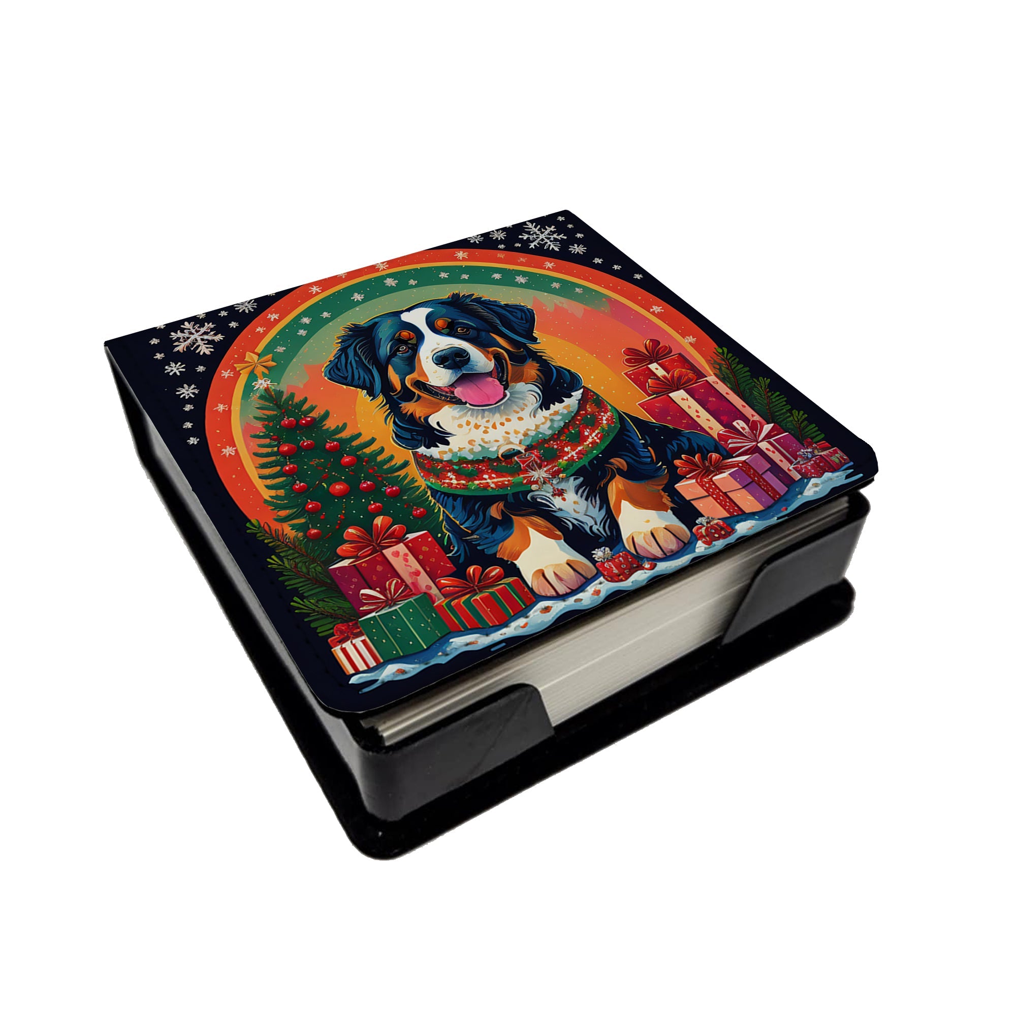 Bernese Mountain Dog Christmas PU Leather Note Paper Holder with Artist-Designed Cover, Desk Accessory, Office Gift