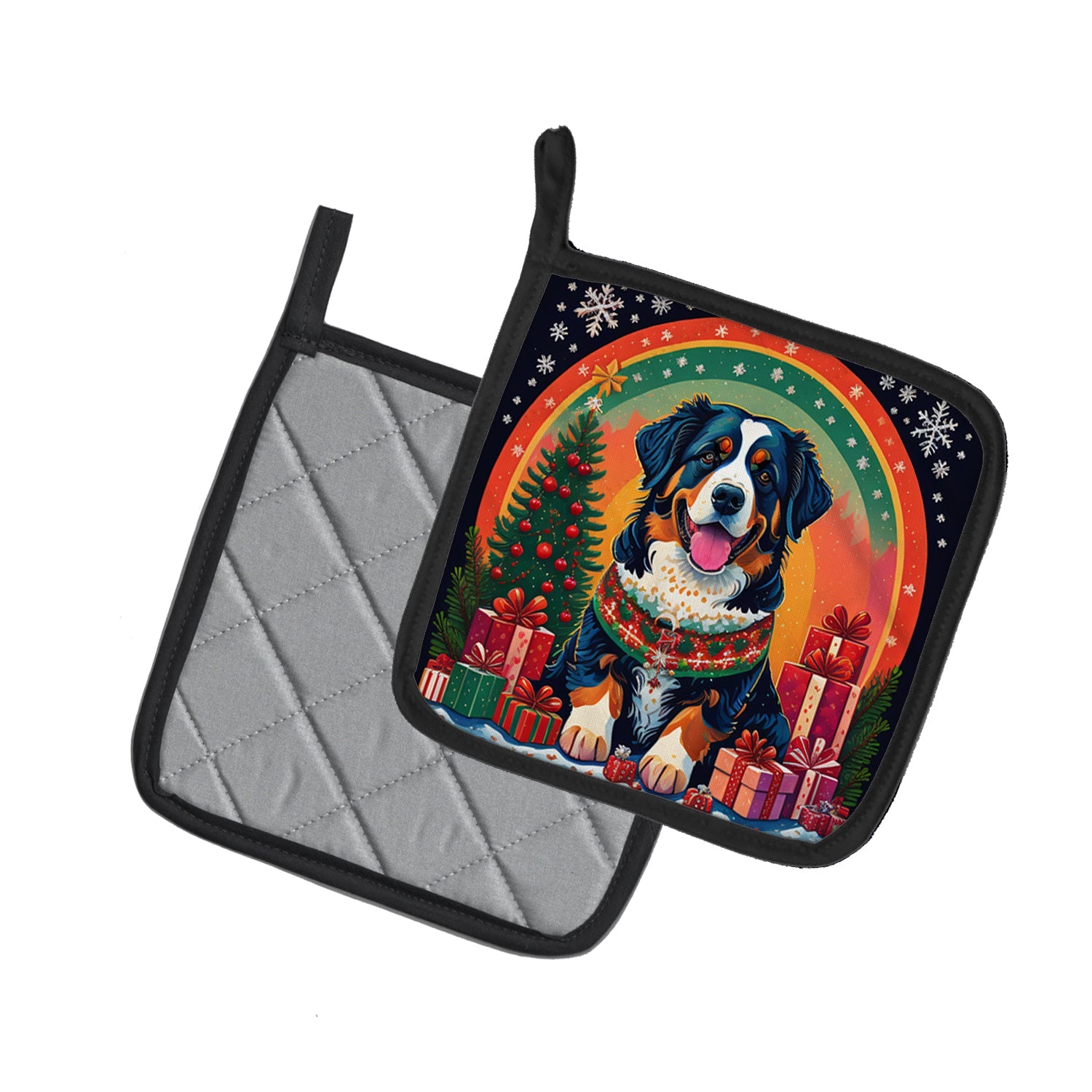 Bernese Mountain Dog Christmas Pot Holder Set of 2 Heat Resistant Quilted Hot Pads 7.5 x 7.5 Inch, Insulated Kitchen Trivets for Cooking & Baking