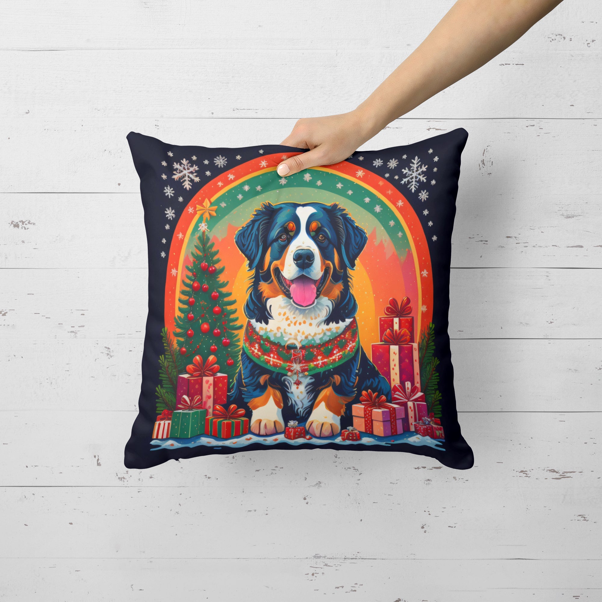 Bernese Mountain Dog Christmas Decorative Throw Pillow 14x14 Indoor Outdoor Accent Cushion, Fabric Cover with Insert for Sofa, Bed, Porch & Living Room