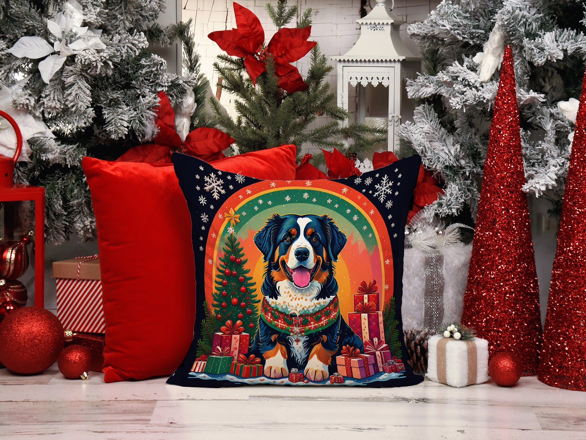 Bernese Mountain Dog Christmas Decorative Throw Pillow 14x14 Indoor Outdoor Accent Cushion, Fabric Cover with Insert for Sofa, Bed, Porch & Living Room