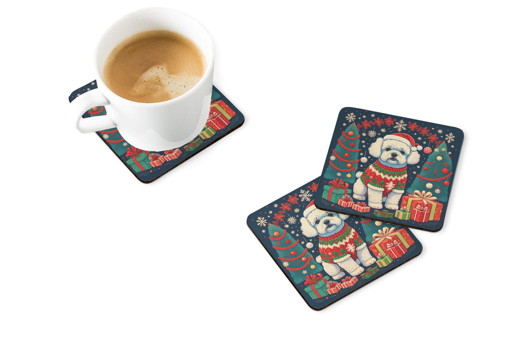 Bichon Frise Christmas Foam Coasters Set of 4 Cup Coasters for Indoor Outdoor, Tabletop Protection, Anti Slip, Mouse pad Material
