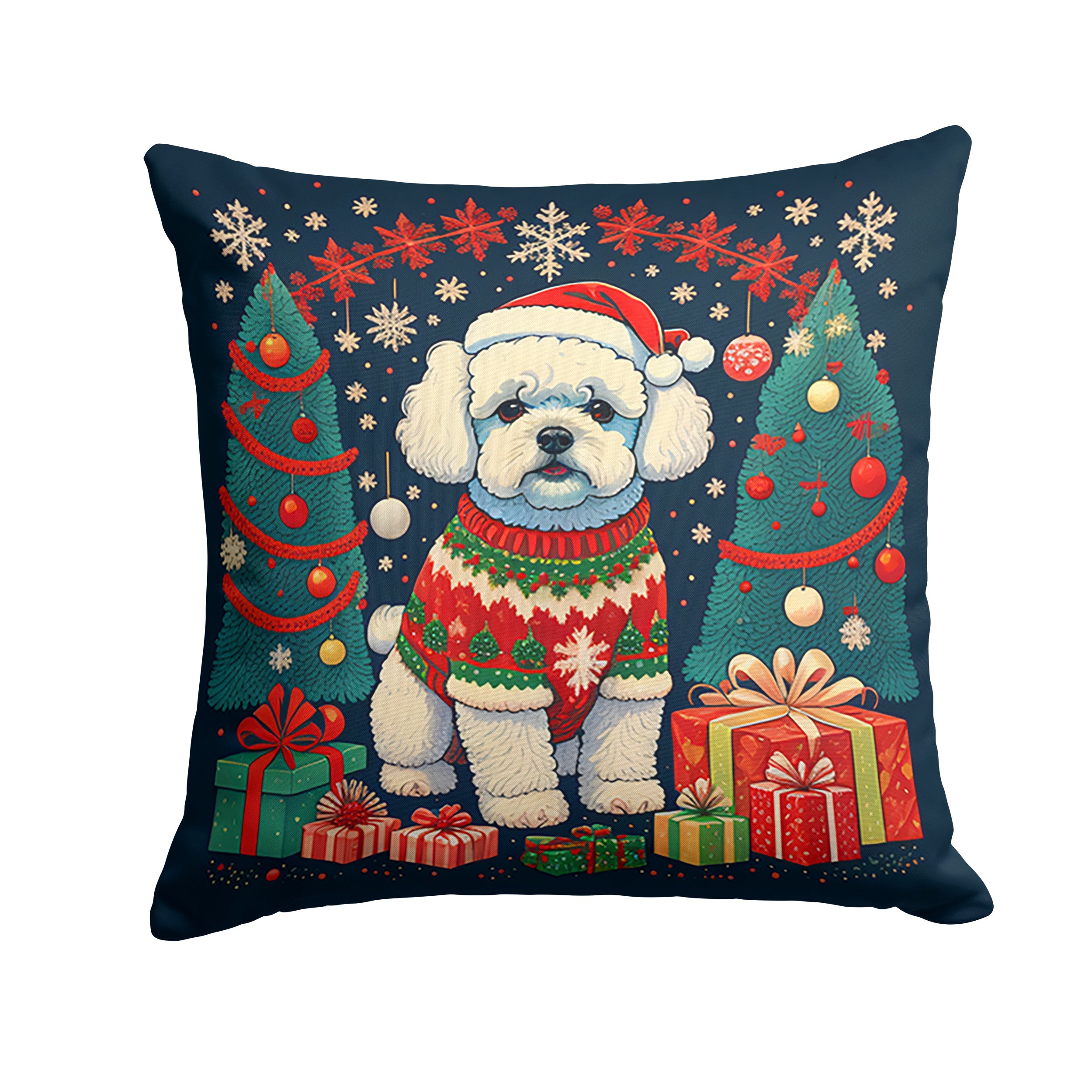 Bichon Frise Christmas Decorative Throw Pillow 14x14 Indoor Outdoor Accent Cushion, Fabric Cover with Insert for Sofa, Bed, Porch & Living Room
