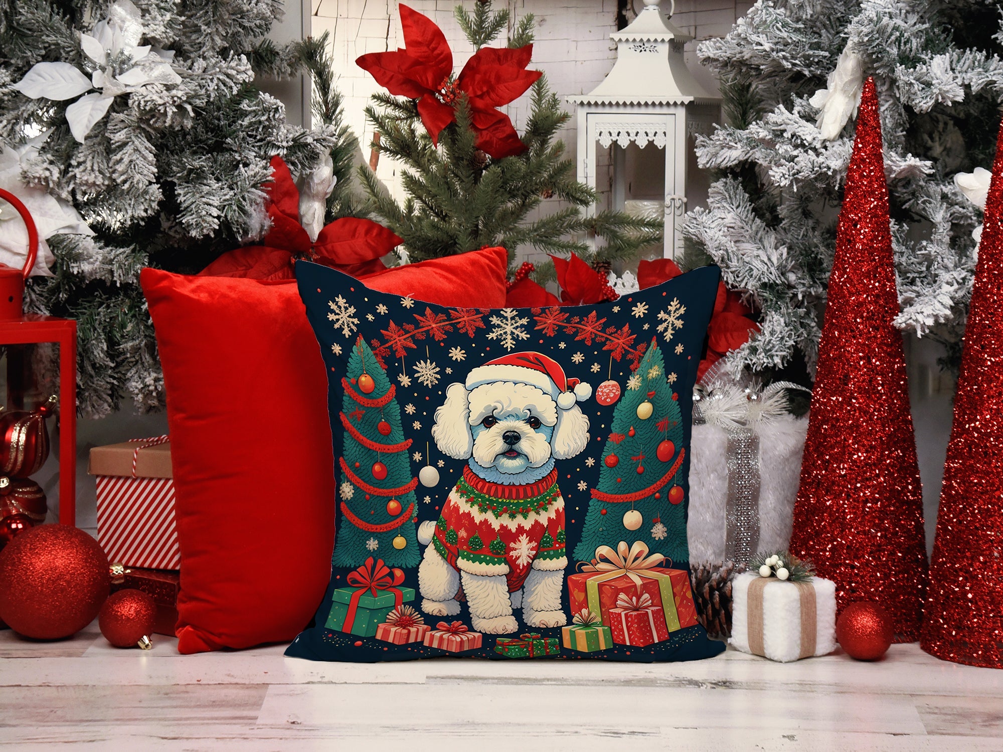 Bichon Frise Christmas Decorative Throw Pillow 14x14 Indoor Outdoor Accent Cushion, Fabric Cover with Insert for Sofa, Bed, Porch & Living Room