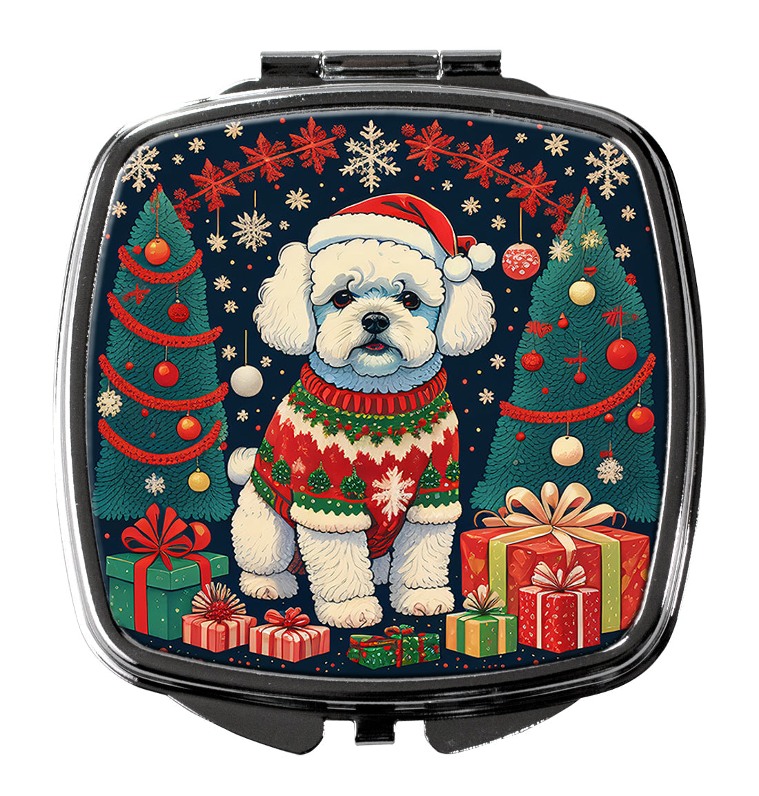 Bichon Frise Christmas Compact Mirror Decorative Travel Makeup Mirror for Women Girls Gifts Pocket Makeup Mirror Folding Handheld