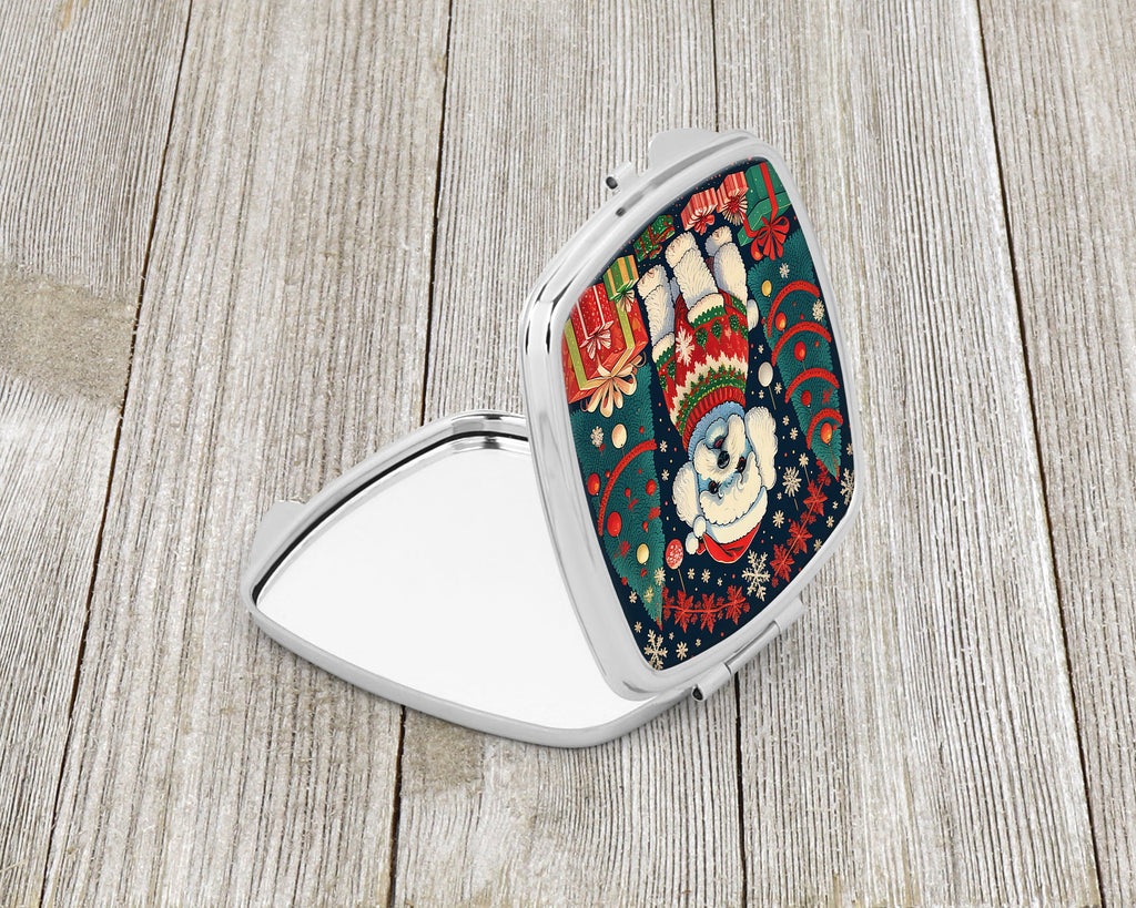 Bichon Frise Christmas Compact Mirror Decorative Travel Makeup Mirror for Women Girls Gifts Pocket Makeup Mirror Folding Handheld