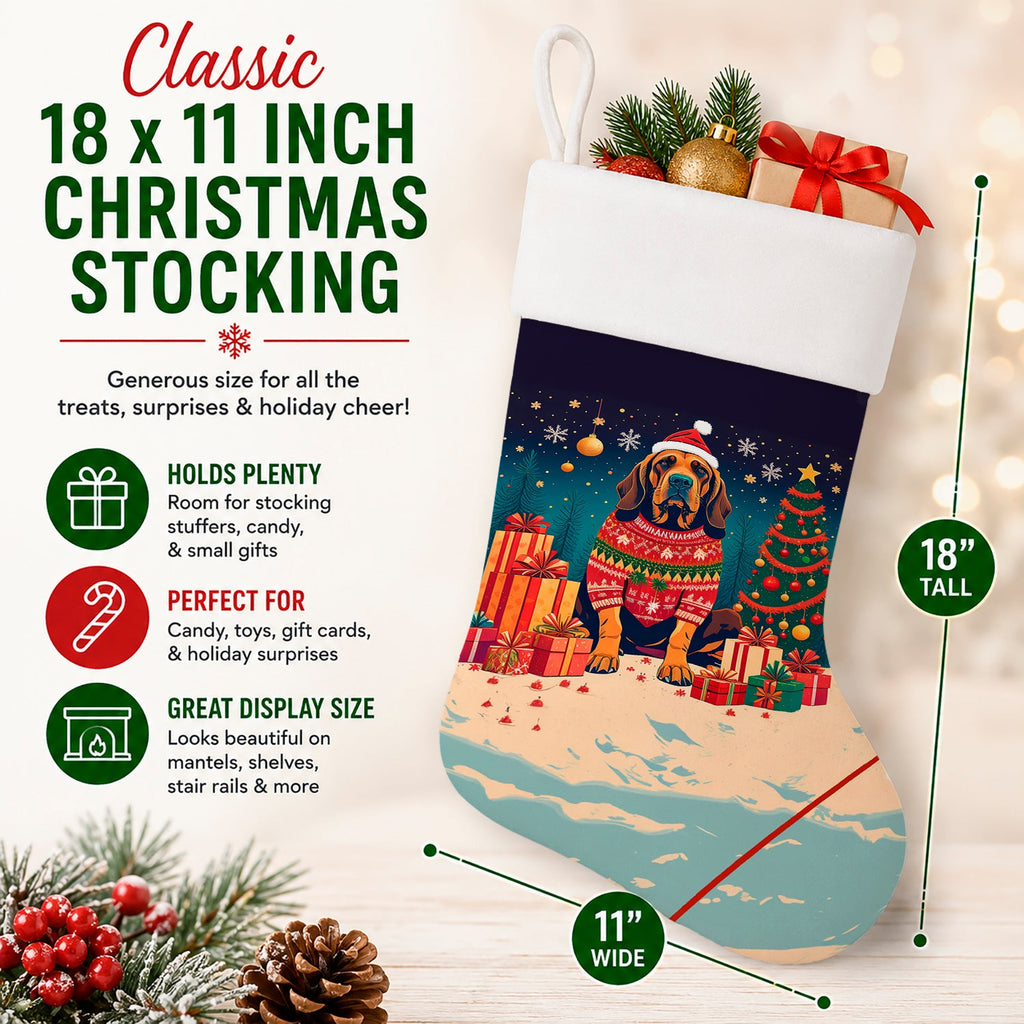 Bloodhound Christmas Holiday Stocking Double-Sided Print, Polyester Suede,11x18, Made in USA
